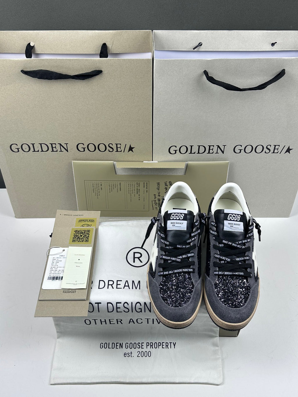 Golden Goose Ball-Star 'Black Glitter Leather White Star/Silver Heel Tab'