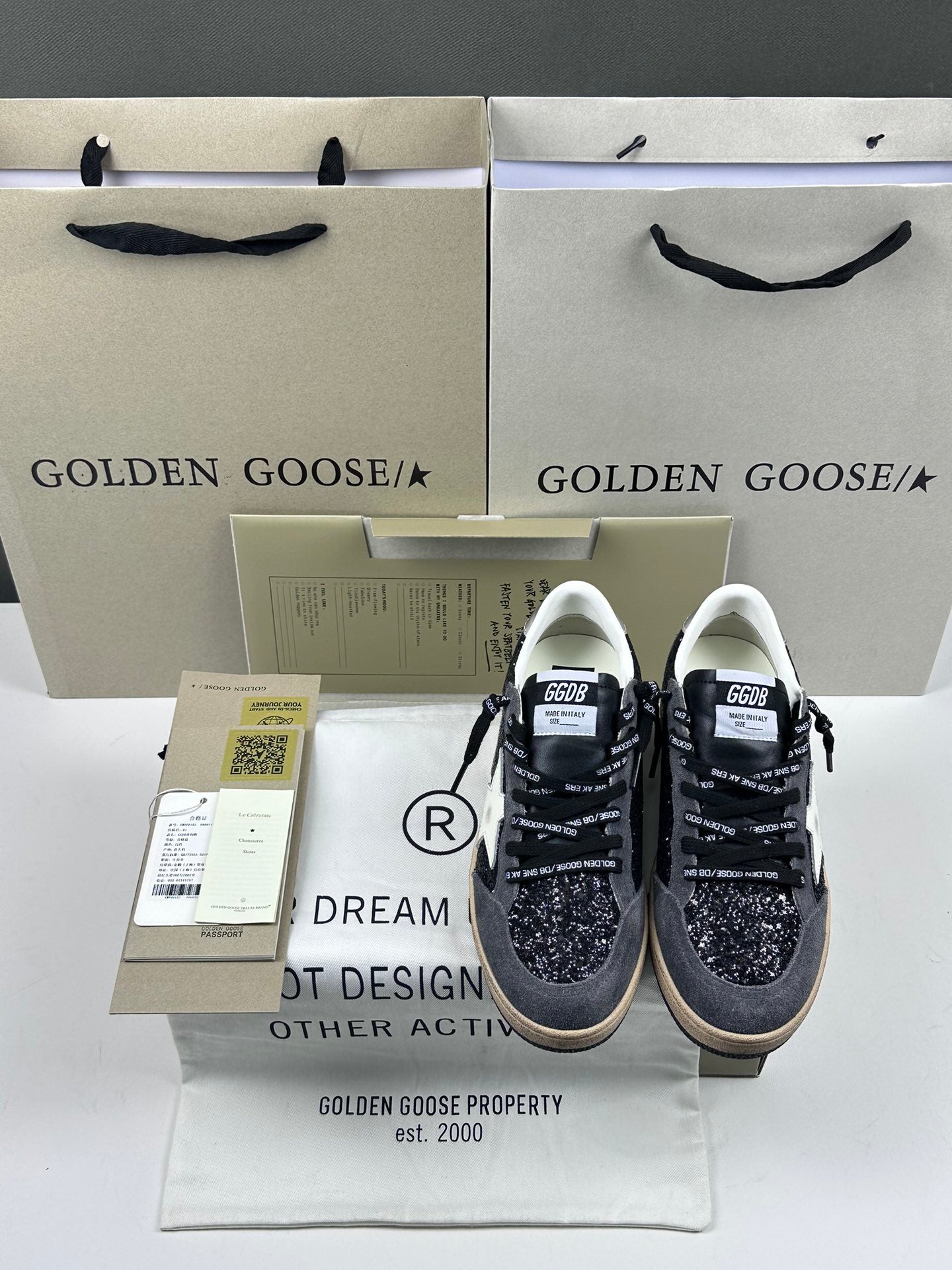 Golden Goose Ball-Star 'Black Glitter Leather White Star/Silver Heel Tab'