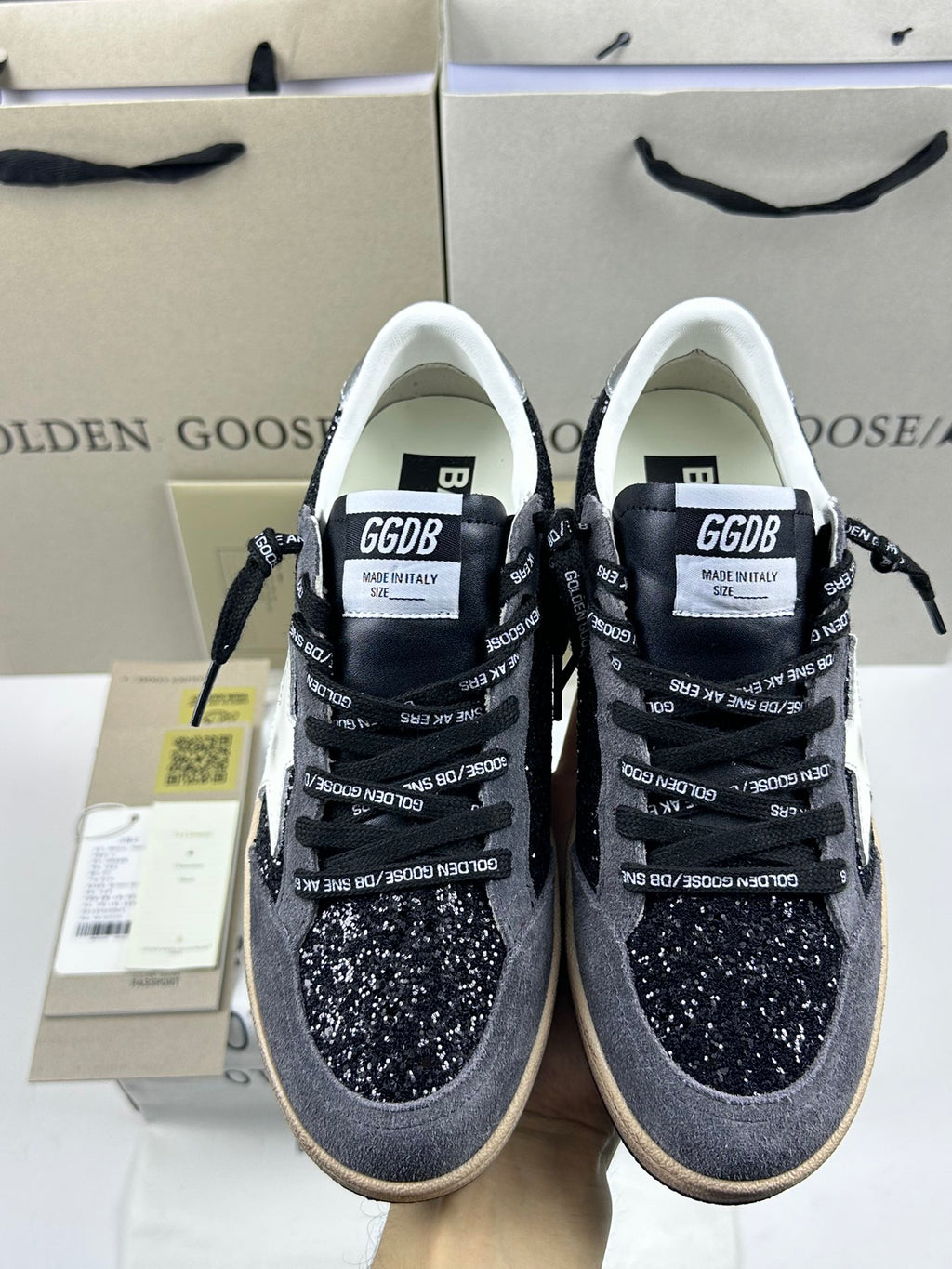 Golden Goose Ball-Star 'Black Glitter Leather White Star/Silver Heel Tab'