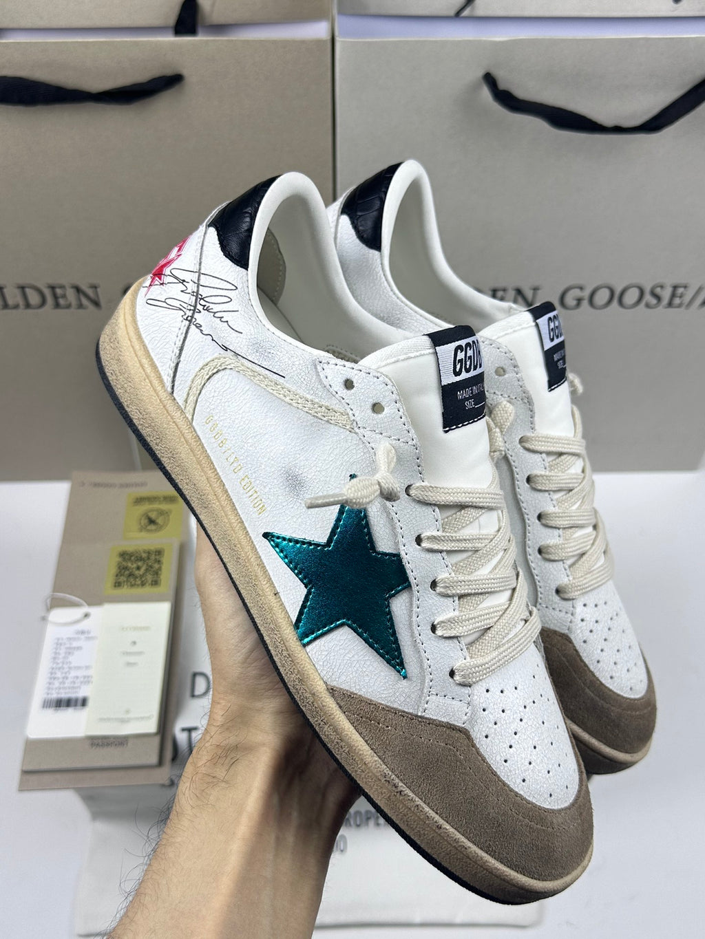 Golden Goose Ball-Star 'Metallic Green Star/Black Crocodile Print Heel Tab'