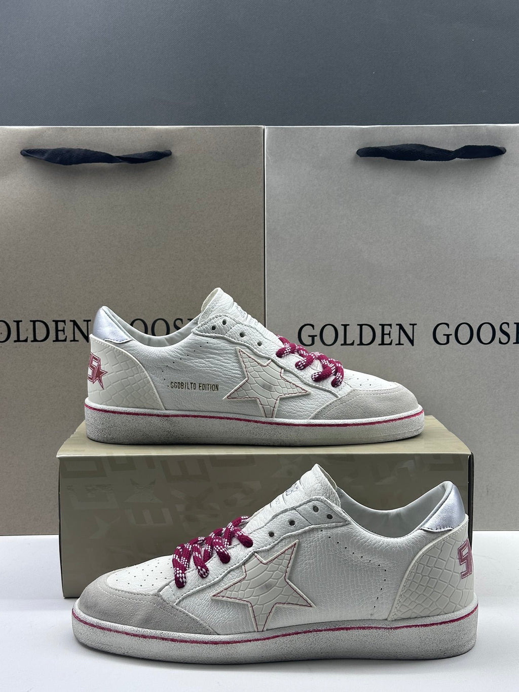 Golden Goose Ball-Star LTD 'White Crocodile Print Leather Star/Silver Heel Tab'