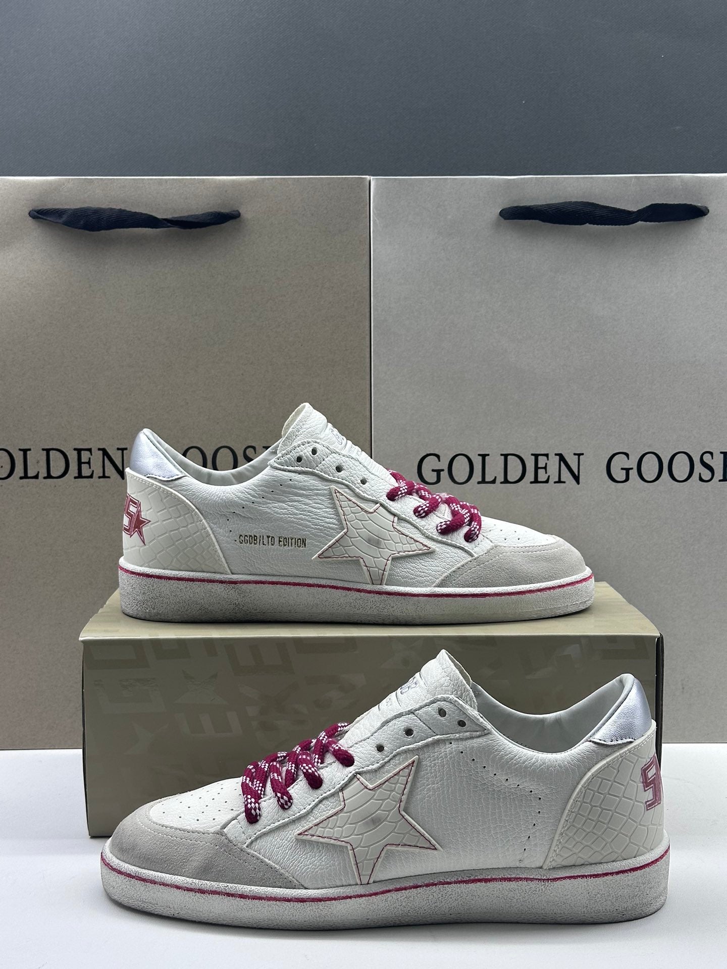 Golden Goose Ball-Star LTD 'White Crocodile Print Leather Star/Silver Heel Tab'