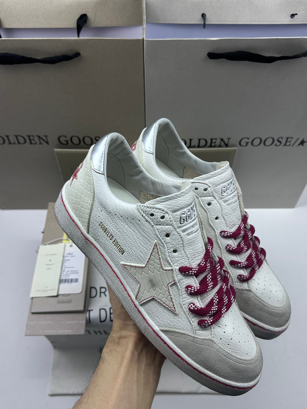 Golden Goose Ball-Star LTD 'White Crocodile Print Leather Star/Silver Heel Tab'