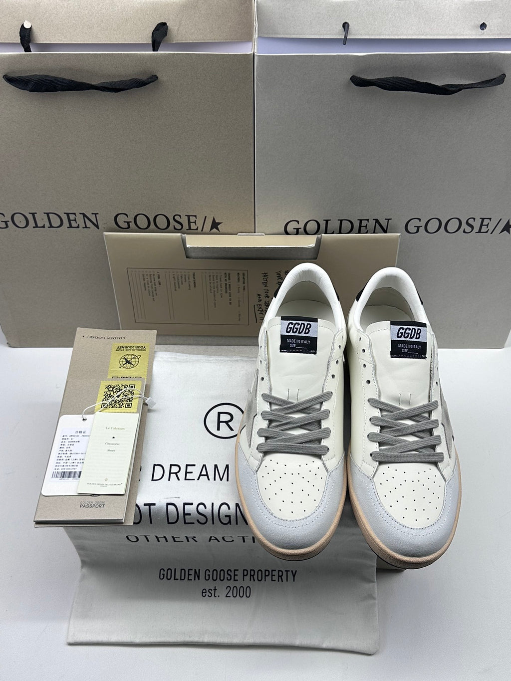 Golden Goose Ball-Star 'White Nappa Leather Grey Suede Star/Black Heel Tab'