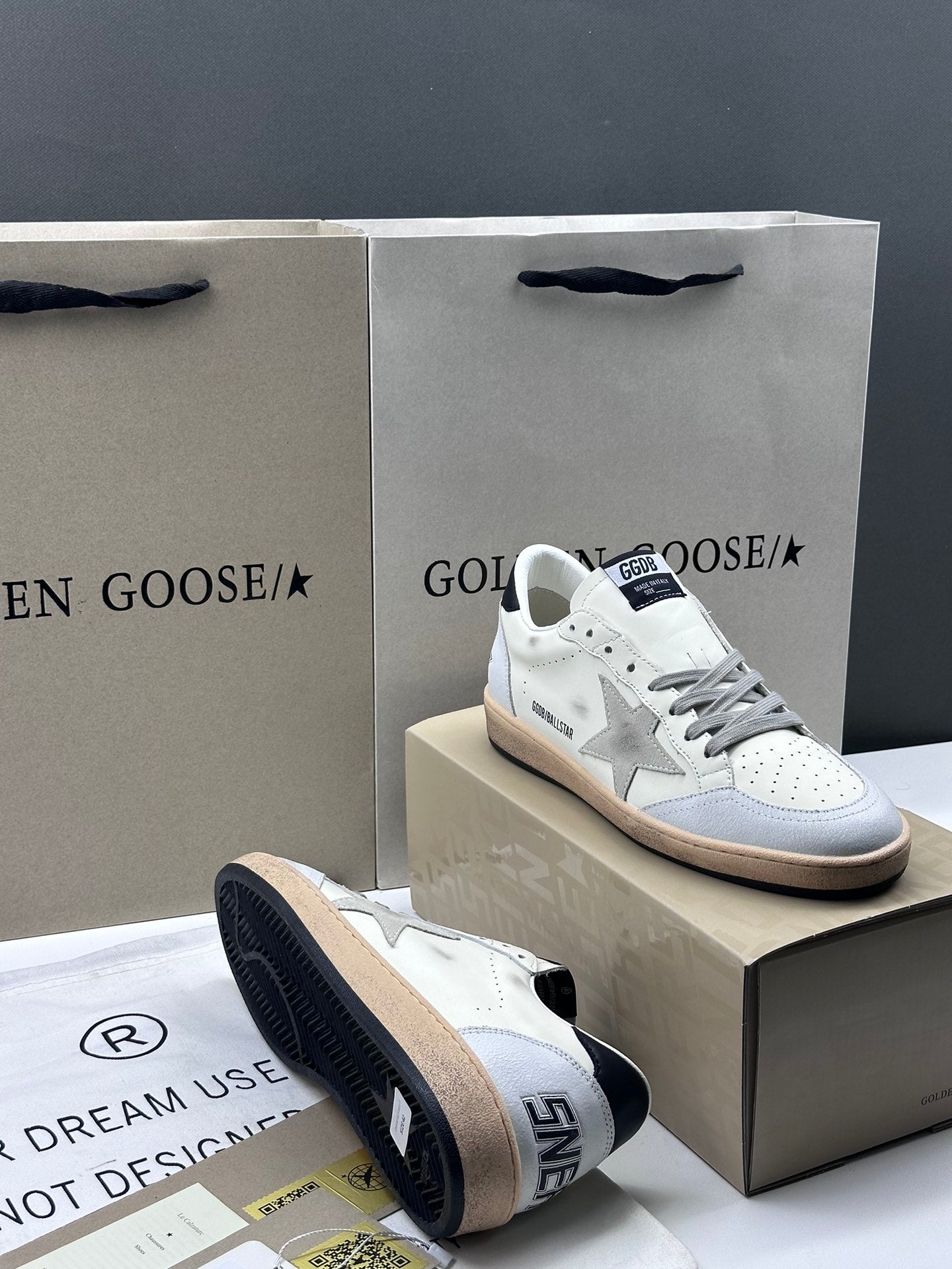 Golden Goose Ball-Star 'White Nappa Leather Grey Suede Star/Black Heel Tab'