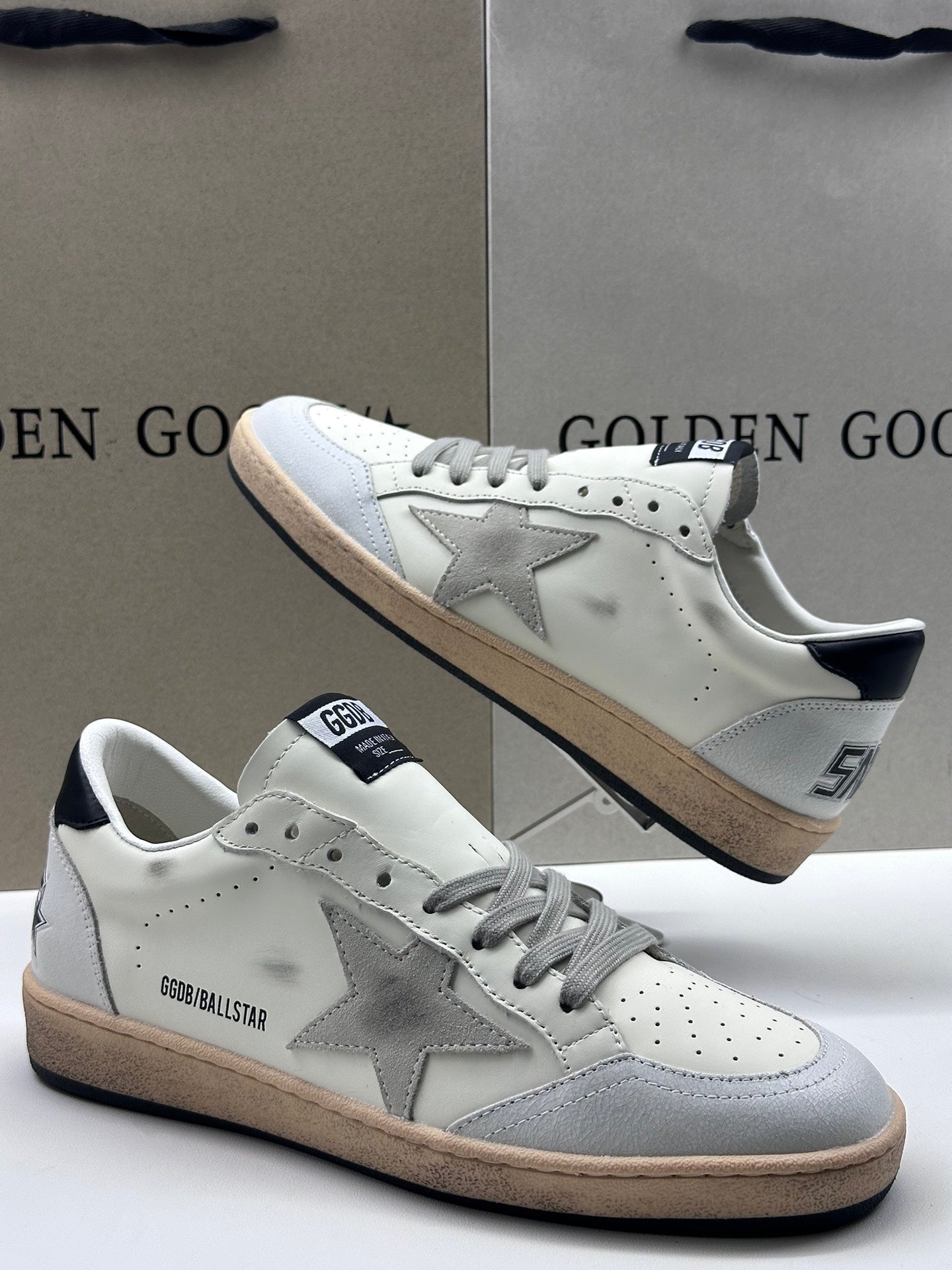 Golden Goose Ball-Star 'White Nappa Leather Grey Suede Star/Black Heel Tab'