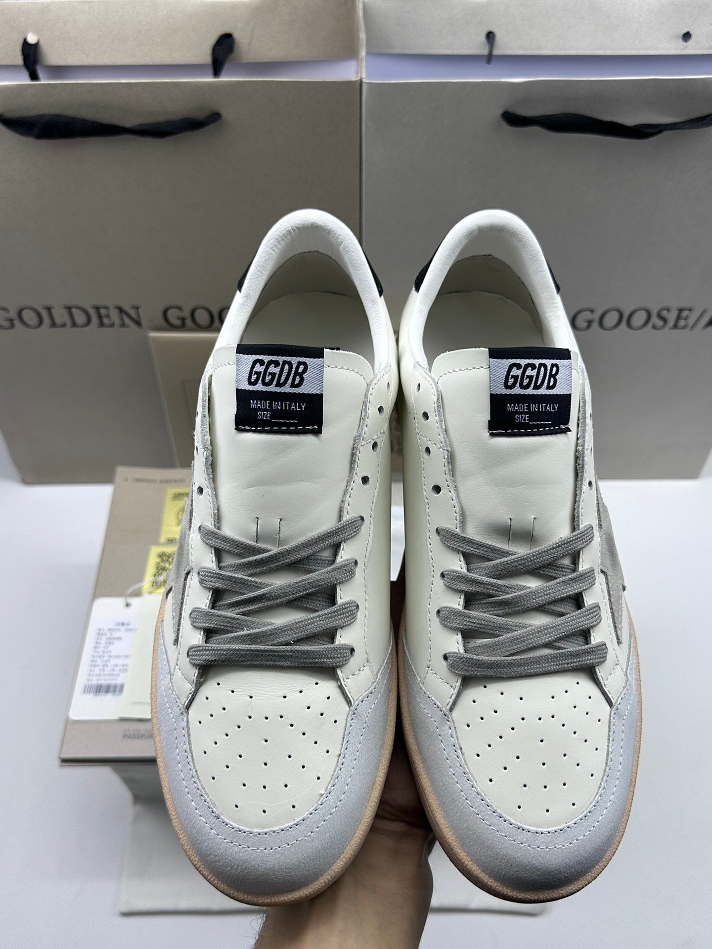 Golden Goose Ball-Star 'White Nappa Leather Grey Suede Star/Black Heel Tab'