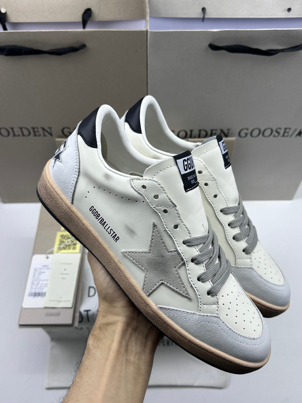 Golden Goose Ball-Star 'White Nappa Leather Grey Suede Star/Black Heel Tab'