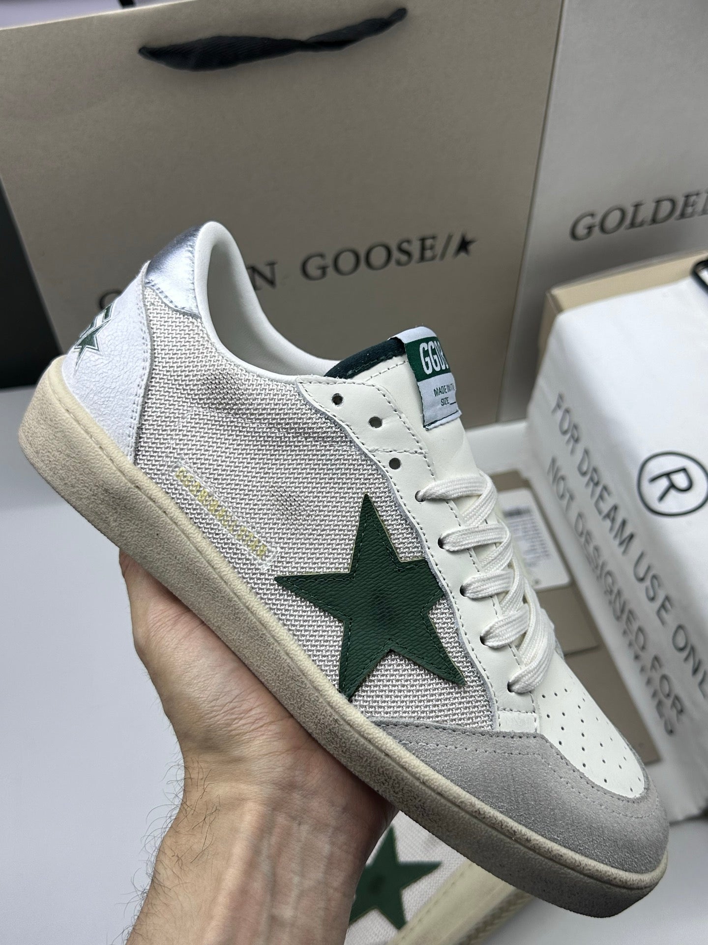 Golden Goose Ball-Star 'White Mesh Green Leather Star/Silver Heel Tab'