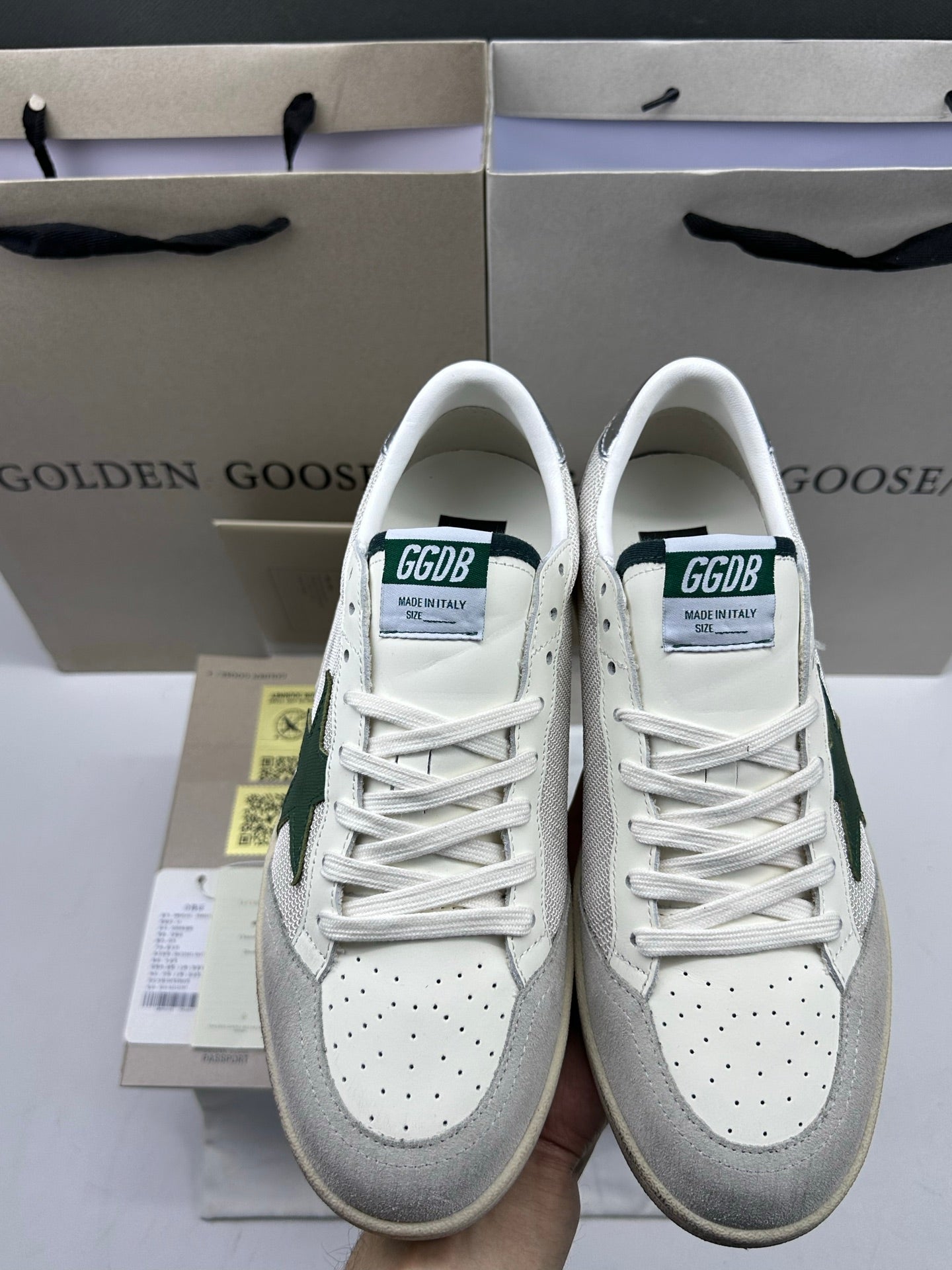 Golden Goose Ball-Star 'White Mesh Green Leather Star/Silver Heel Tab'