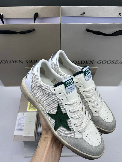 Golden Goose Ball-Star 'White Mesh Green Leather Star/Silver Heel Tab'