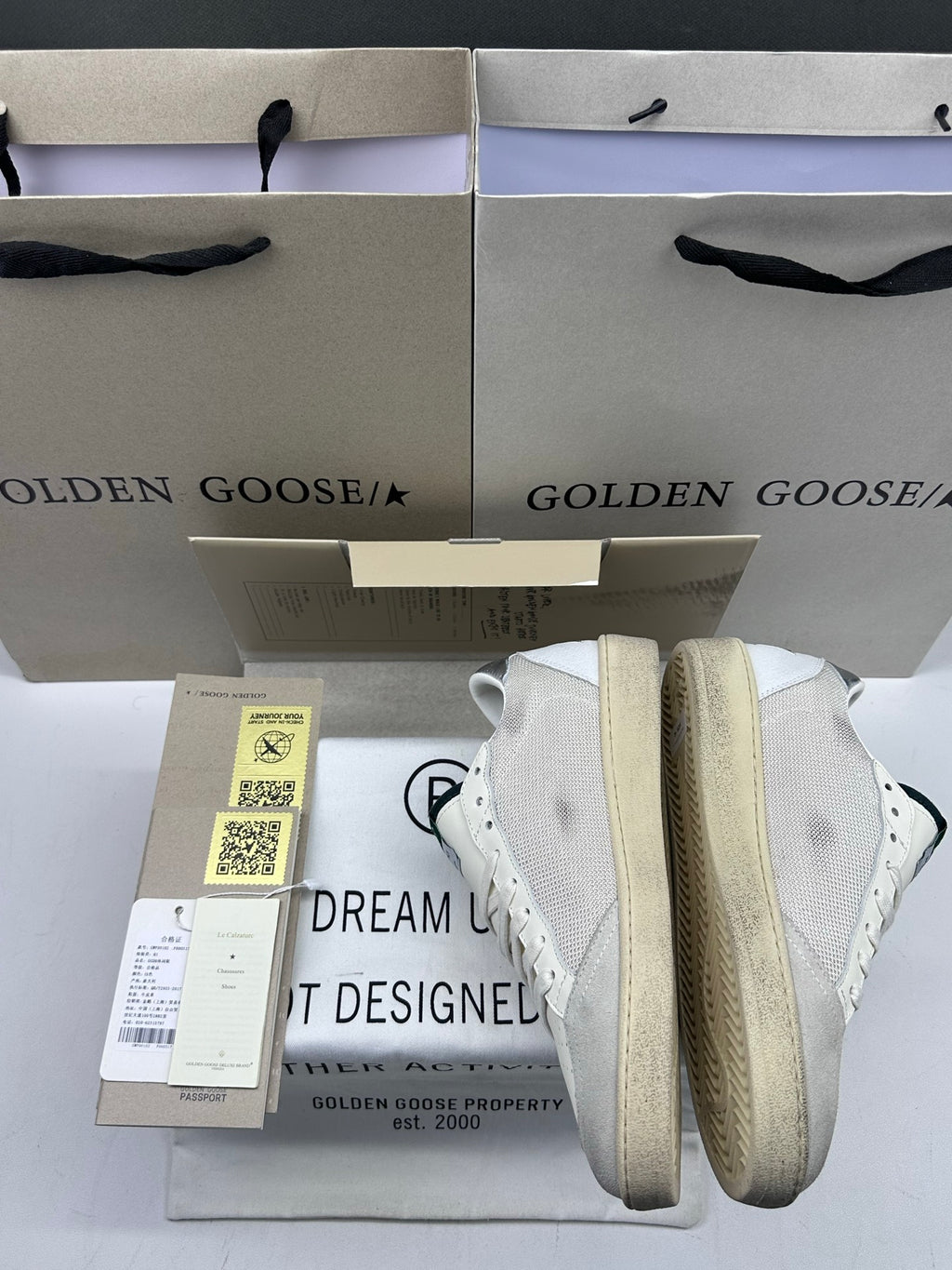 Golden Goose Ball-Star 'White Mesh Green Leather Star/Silver Heel Tab'