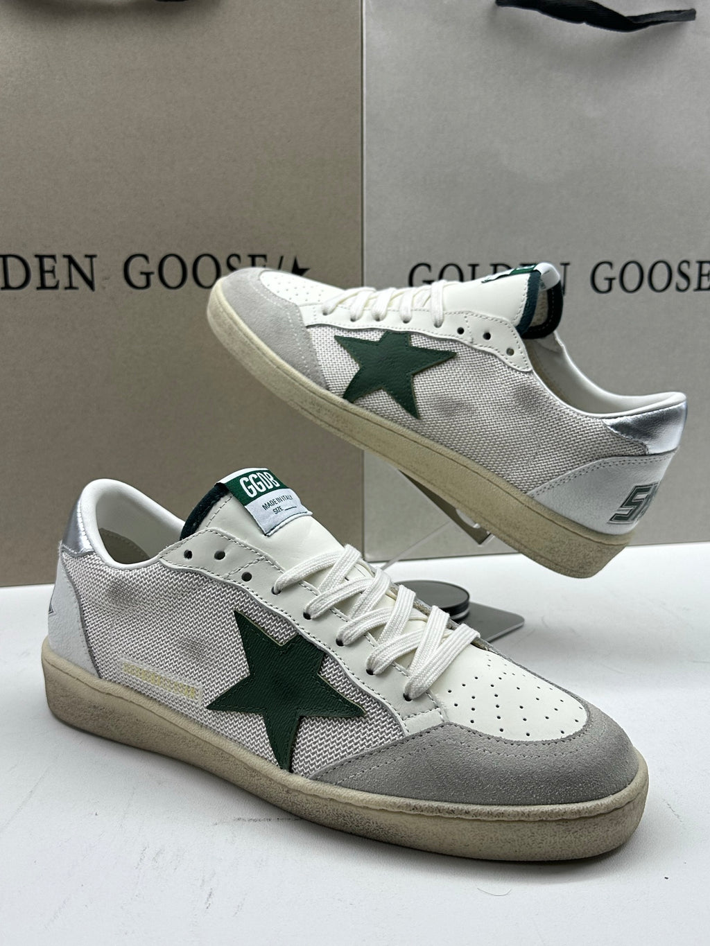 Golden Goose Ball-Star 'White Mesh Green Leather Star/Silver Heel Tab'