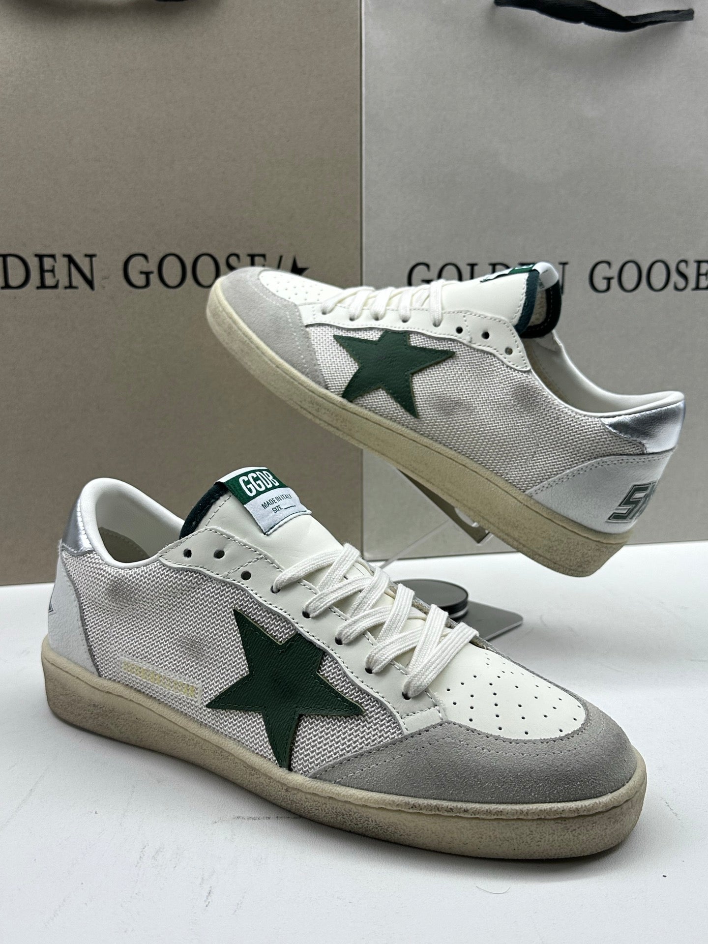 Golden Goose Ball-Star 'White Mesh Green Leather Star/Silver Heel Tab'