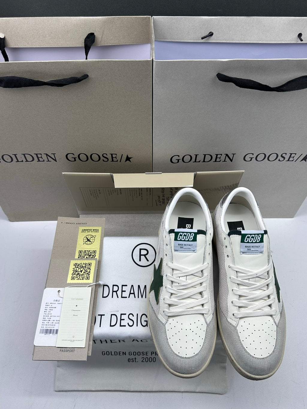 Golden Goose Ball-Star 'White Mesh Green Leather Star/Silver Heel Tab'