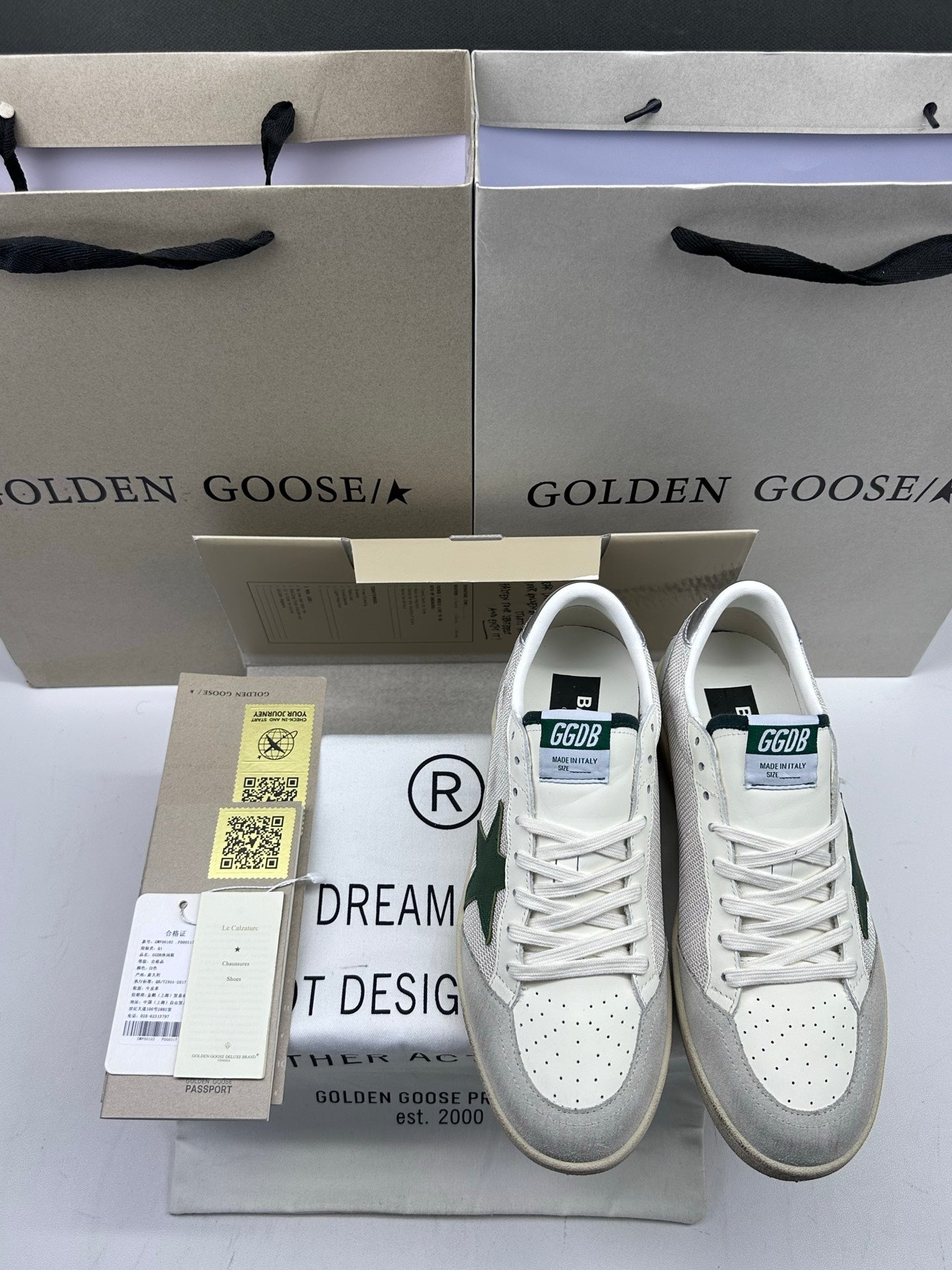 Golden Goose Ball-Star 'White Mesh Green Leather Star/Silver Heel Tab'