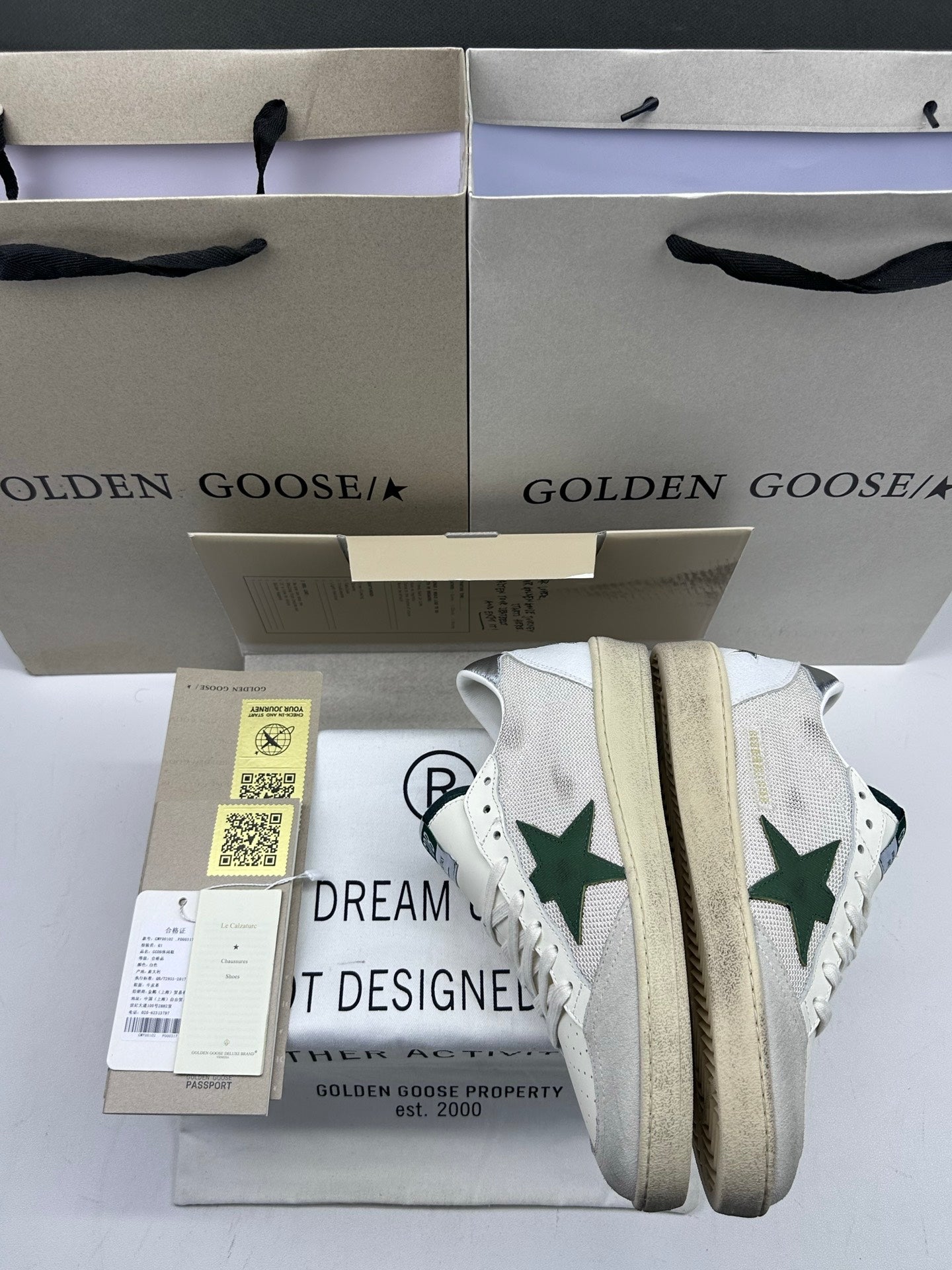 Golden Goose Ball-Star 'White Mesh Green Leather Star/Silver Heel Tab'