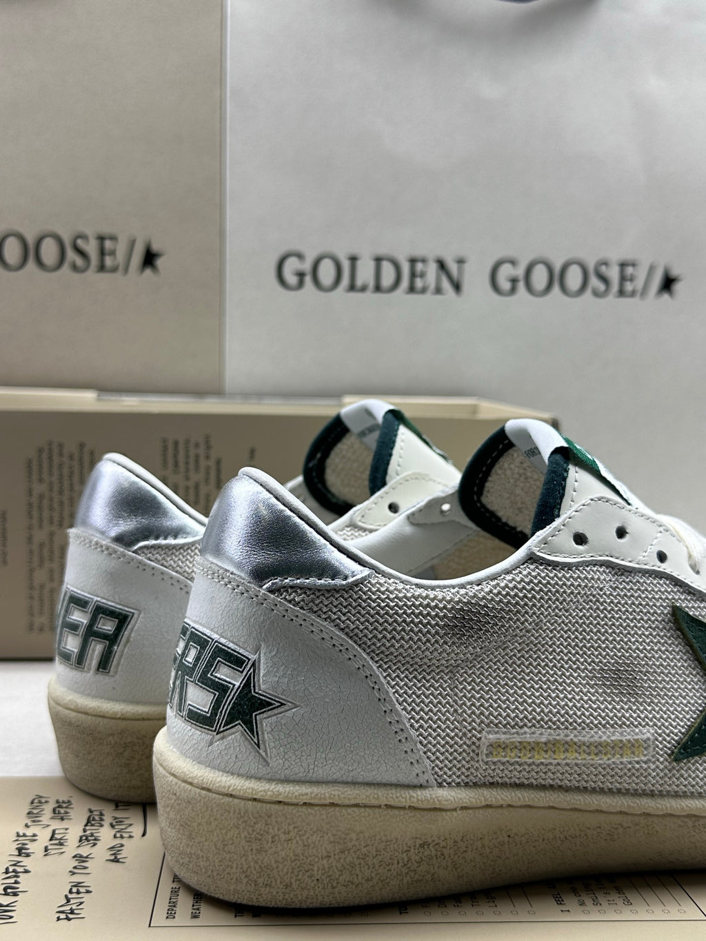 Golden Goose Ball-Star 'White Mesh Green Leather Star/Silver Heel Tab'