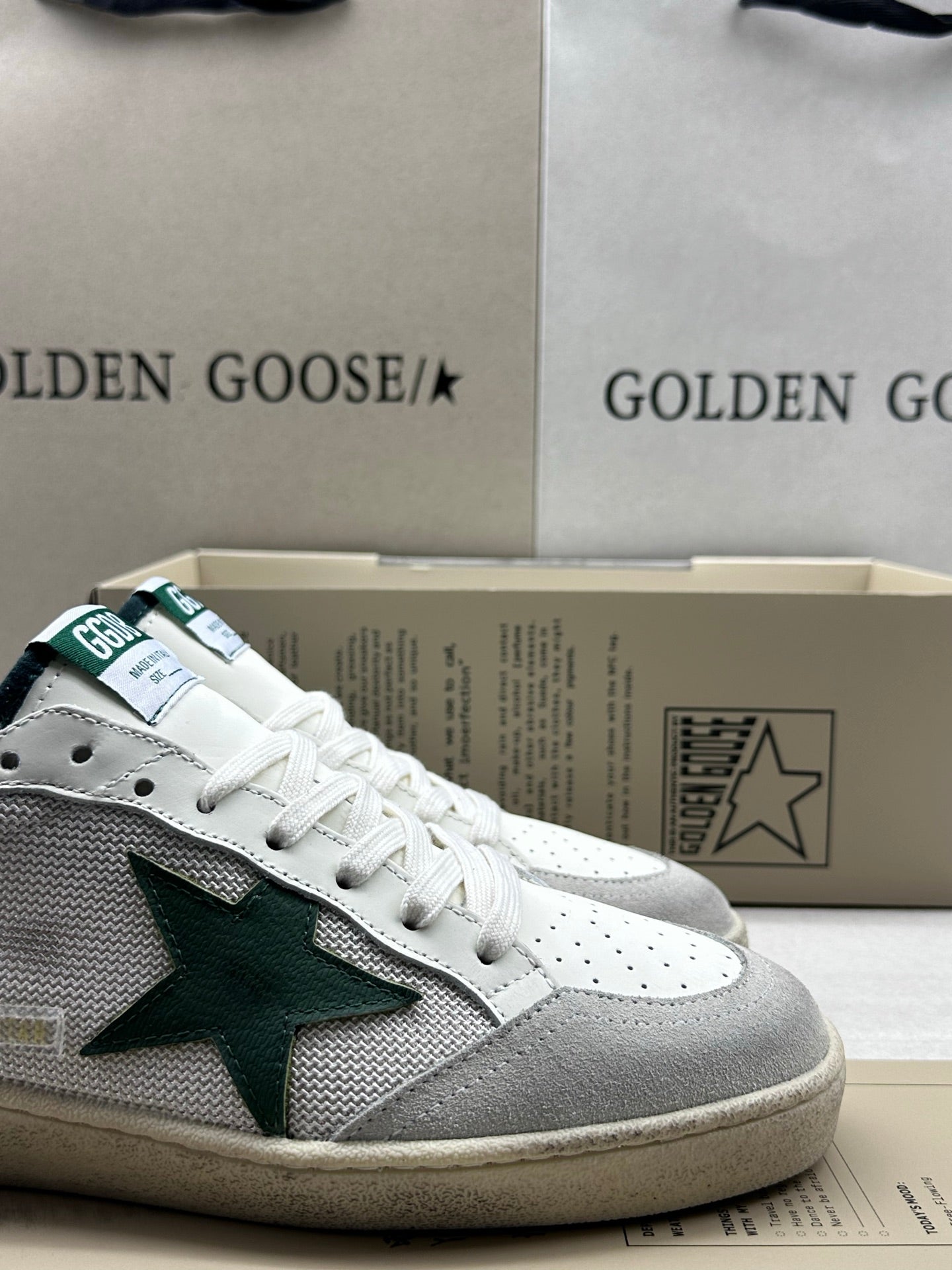 Golden Goose Ball-Star 'White Mesh Green Leather Star/Silver Heel Tab'