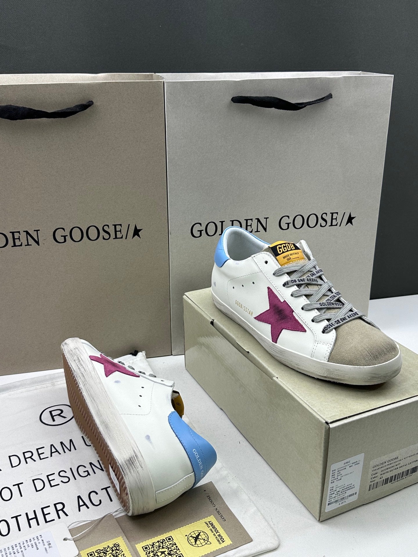 Golden Goose Super-Star 'Magenta Suede Star/Pastel Blue Leather Heel Tab'