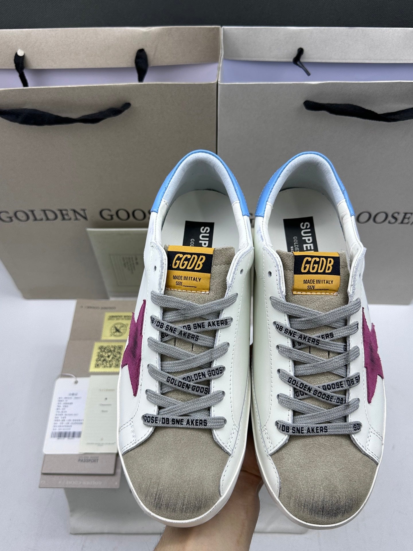 Golden Goose Super-Star 'Magenta Suede Star/Pastel Blue Leather Heel Tab'