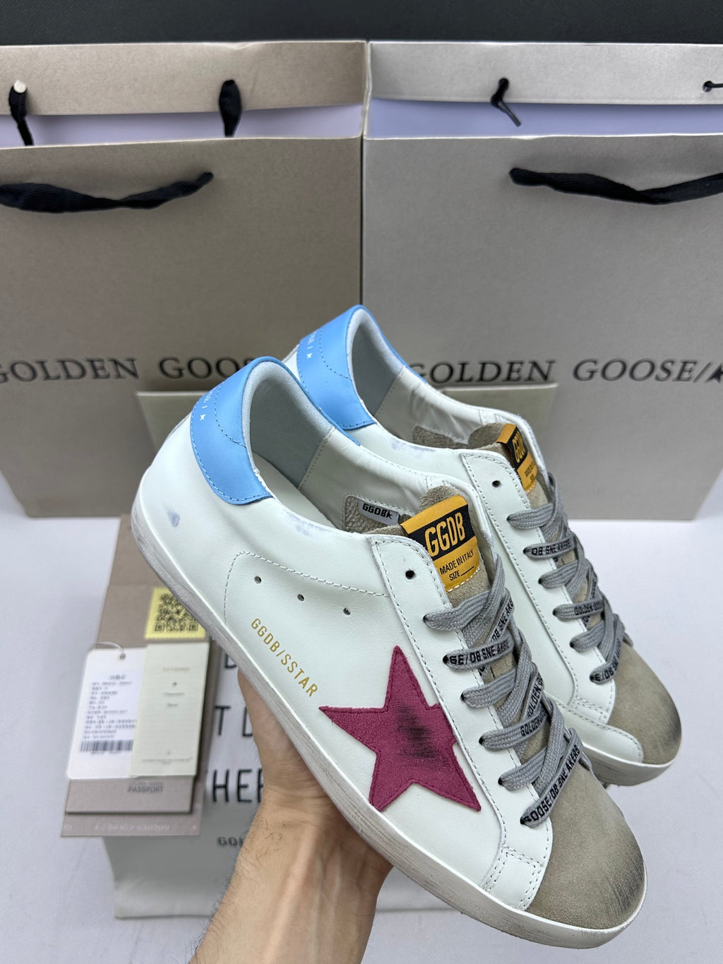 Golden Goose Super-Star 'Magenta Suede Star/Pastel Blue Leather Heel Tab'