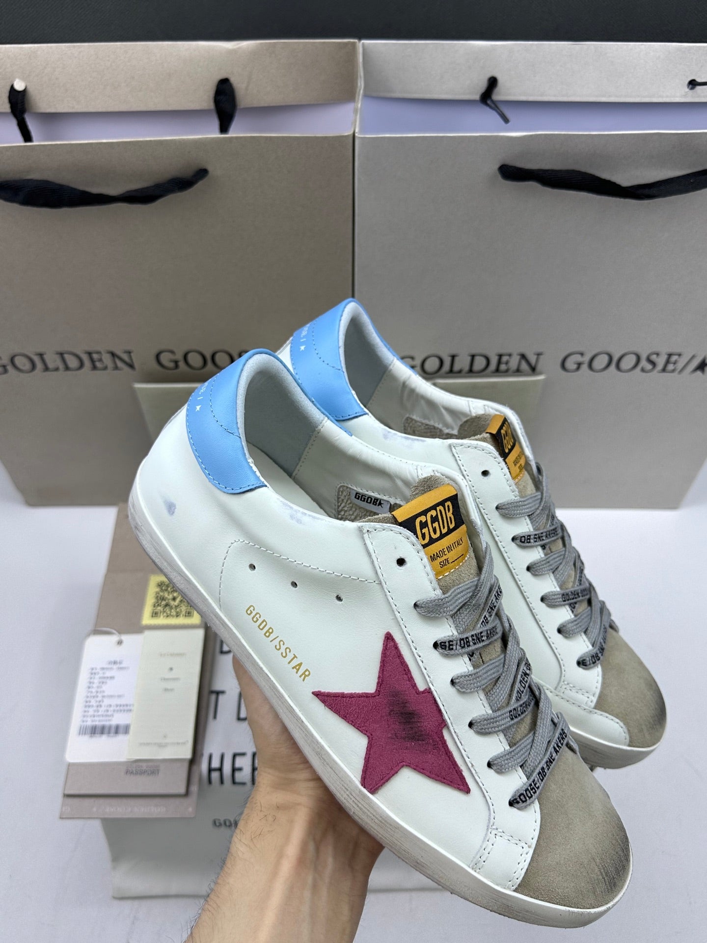 Golden Goose Super-Star 'Magenta Suede Star/Pastel Blue Leather Heel Tab'