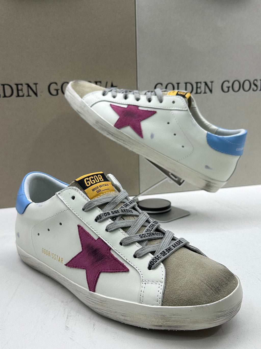 Golden Goose Super-Star 'Magenta Suede Star/Pastel Blue Leather Heel Tab'