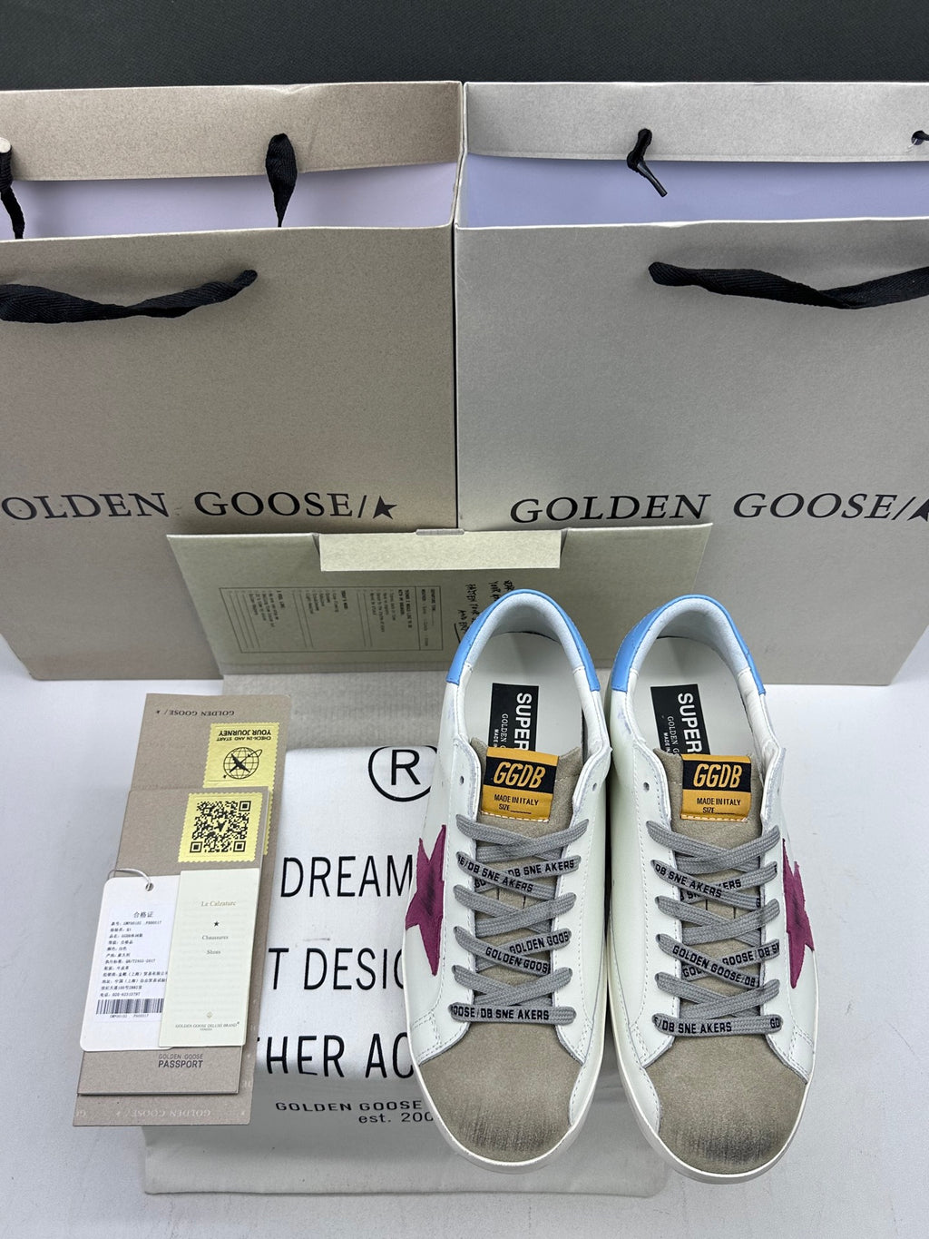 Golden Goose Super-Star 'Magenta Suede Star/Pastel Blue Leather Heel Tab'
