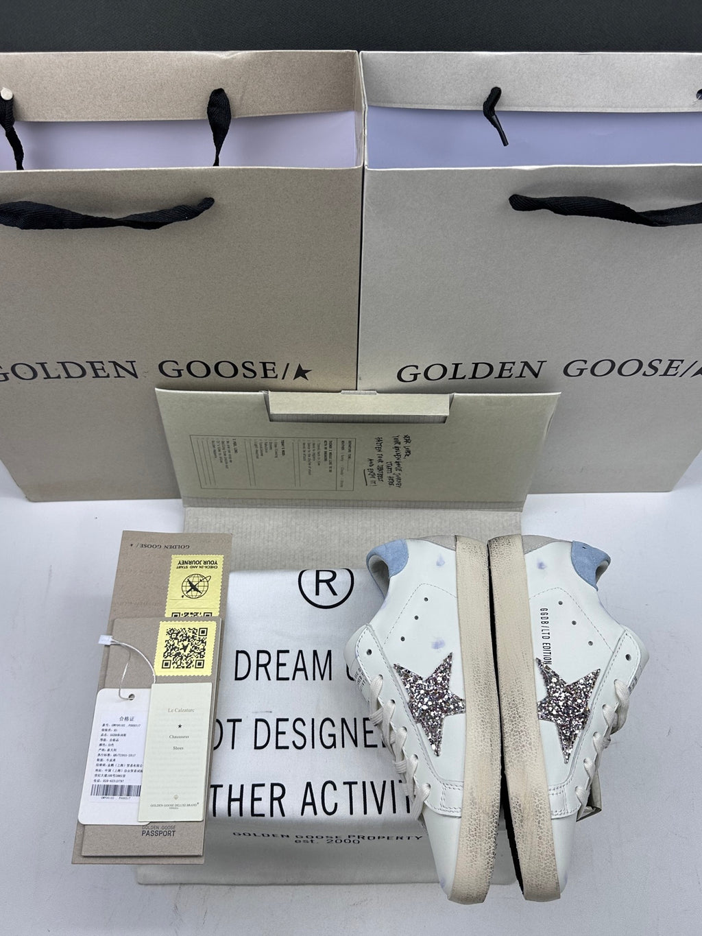 Golden Goose Super-Star 'Silver Glitter Star/Light Blue Suede Heel Tab'