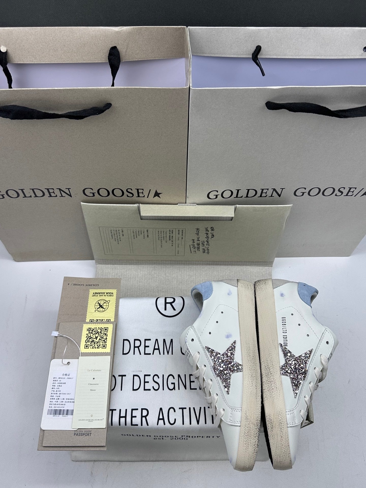 Golden Goose Super-Star 'Silver Glitter Star/Light Blue Suede Heel Tab'