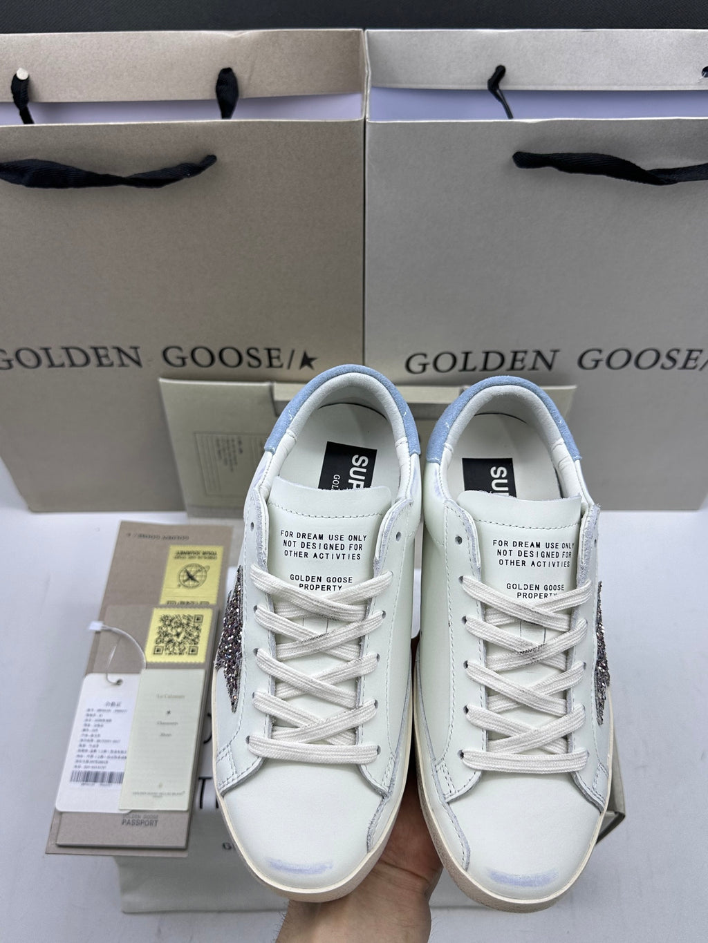 Golden Goose Super-Star 'Silver Glitter Star/Light Blue Suede Heel Tab'