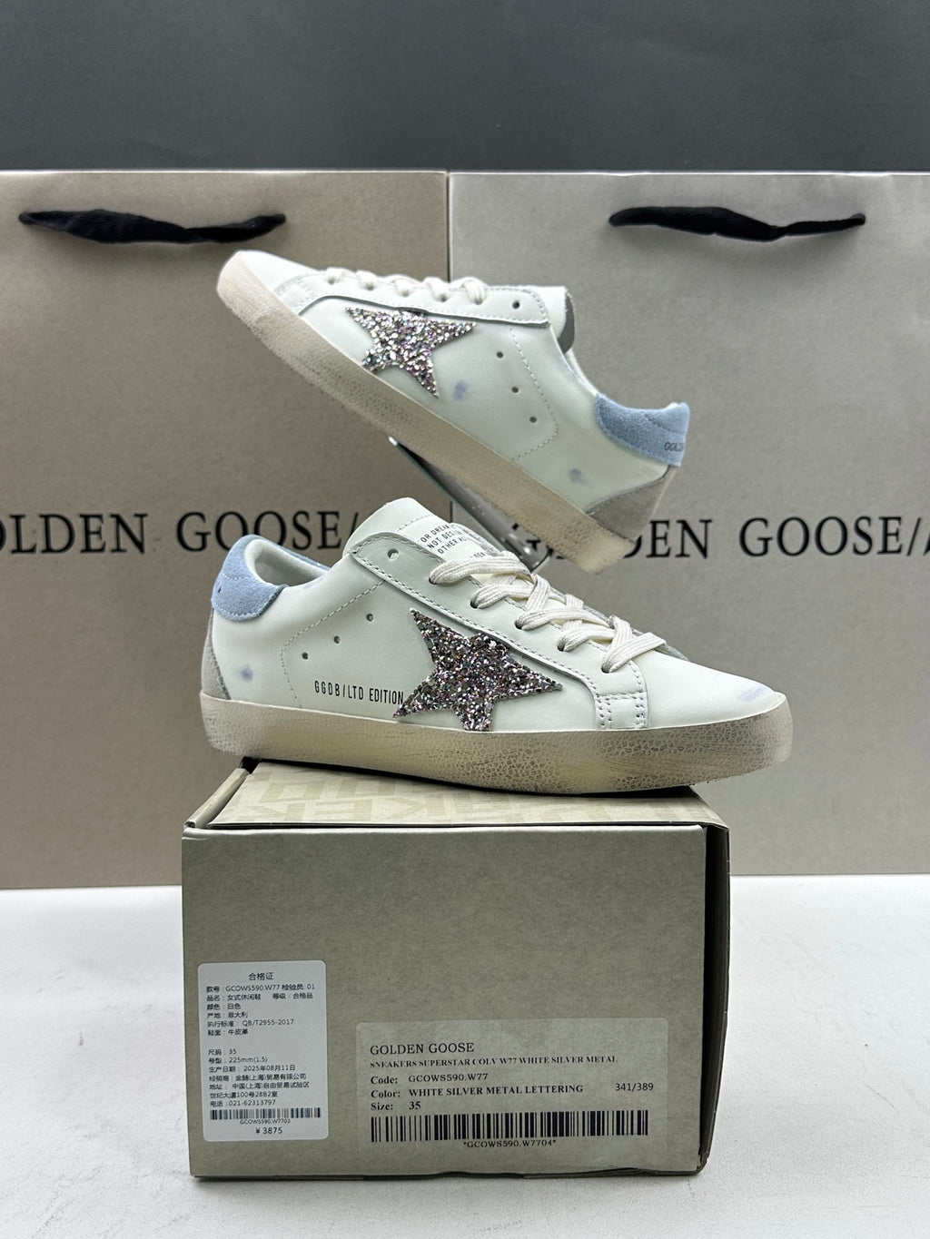 Golden Goose Super-Star 'Silver Glitter Star/Light Blue Suede Heel Tab'