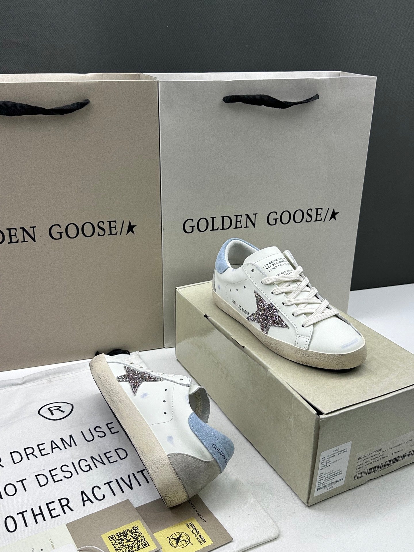 Golden Goose Super-Star 'Silver Glitter Star/Light Blue Suede Heel Tab'