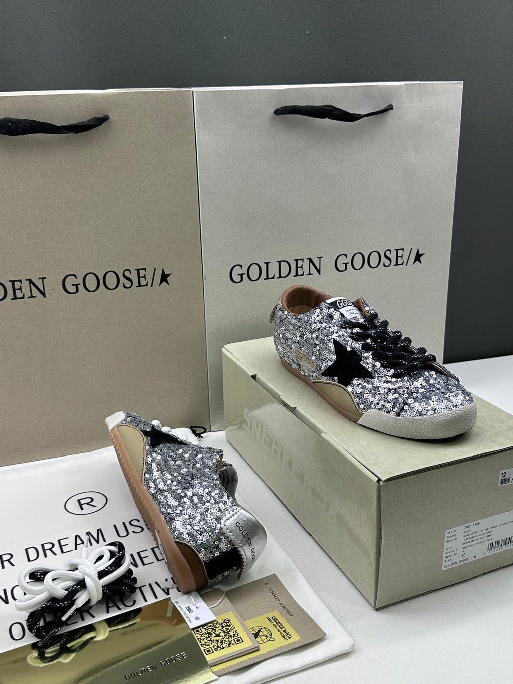 Golden Goose True-Star 'Silver Sequins Black Star/Silver Leather Heel Tab'