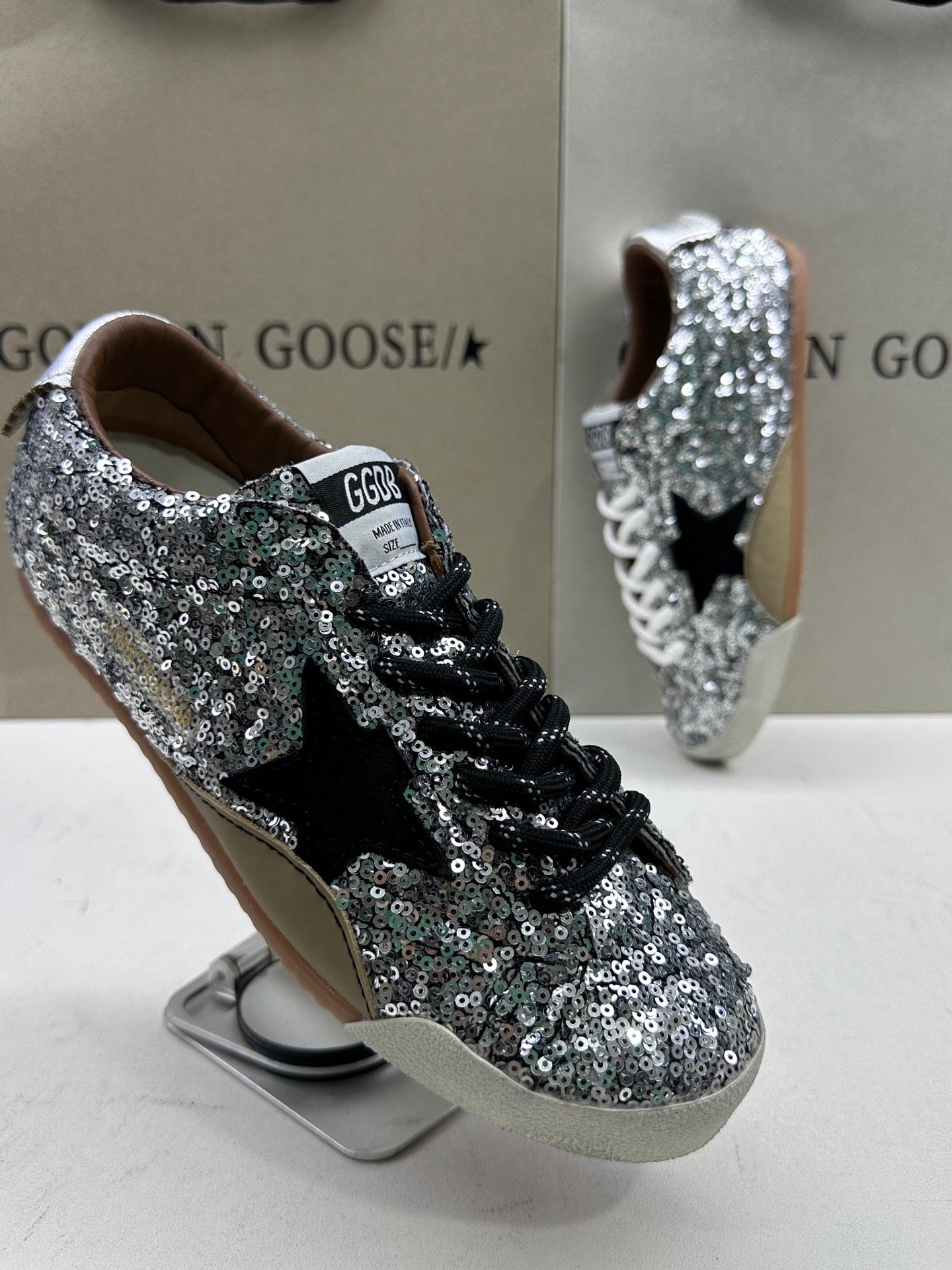Golden Goose True-Star 'Silver Sequins Black Star/Silver Leather Heel Tab'