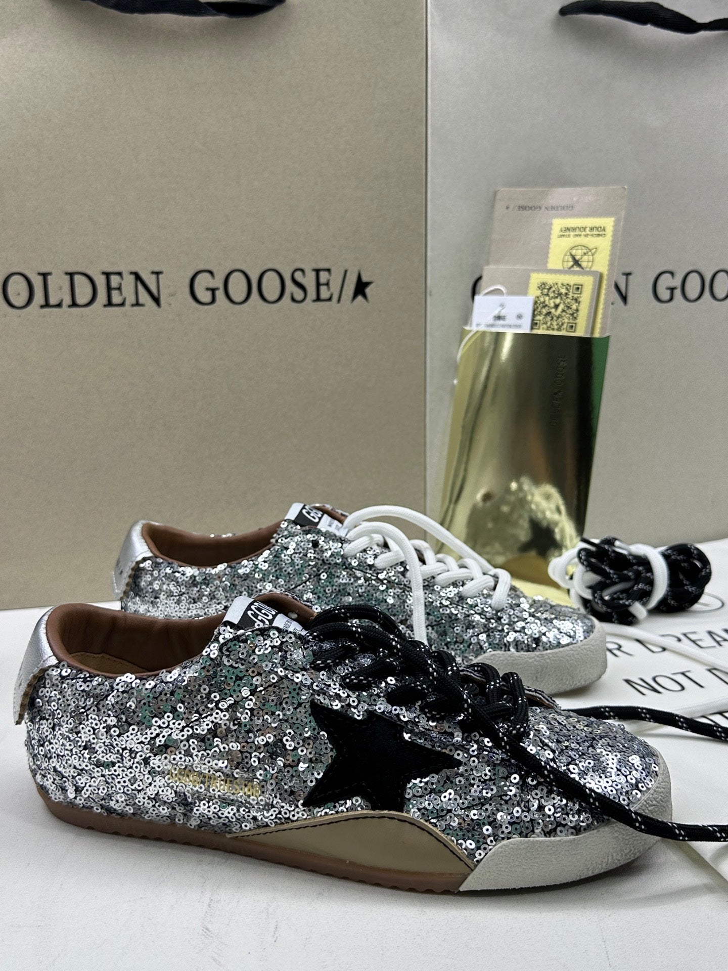 Golden Goose True-Star 'Silver Sequins Black Star/Silver Leather Heel Tab'