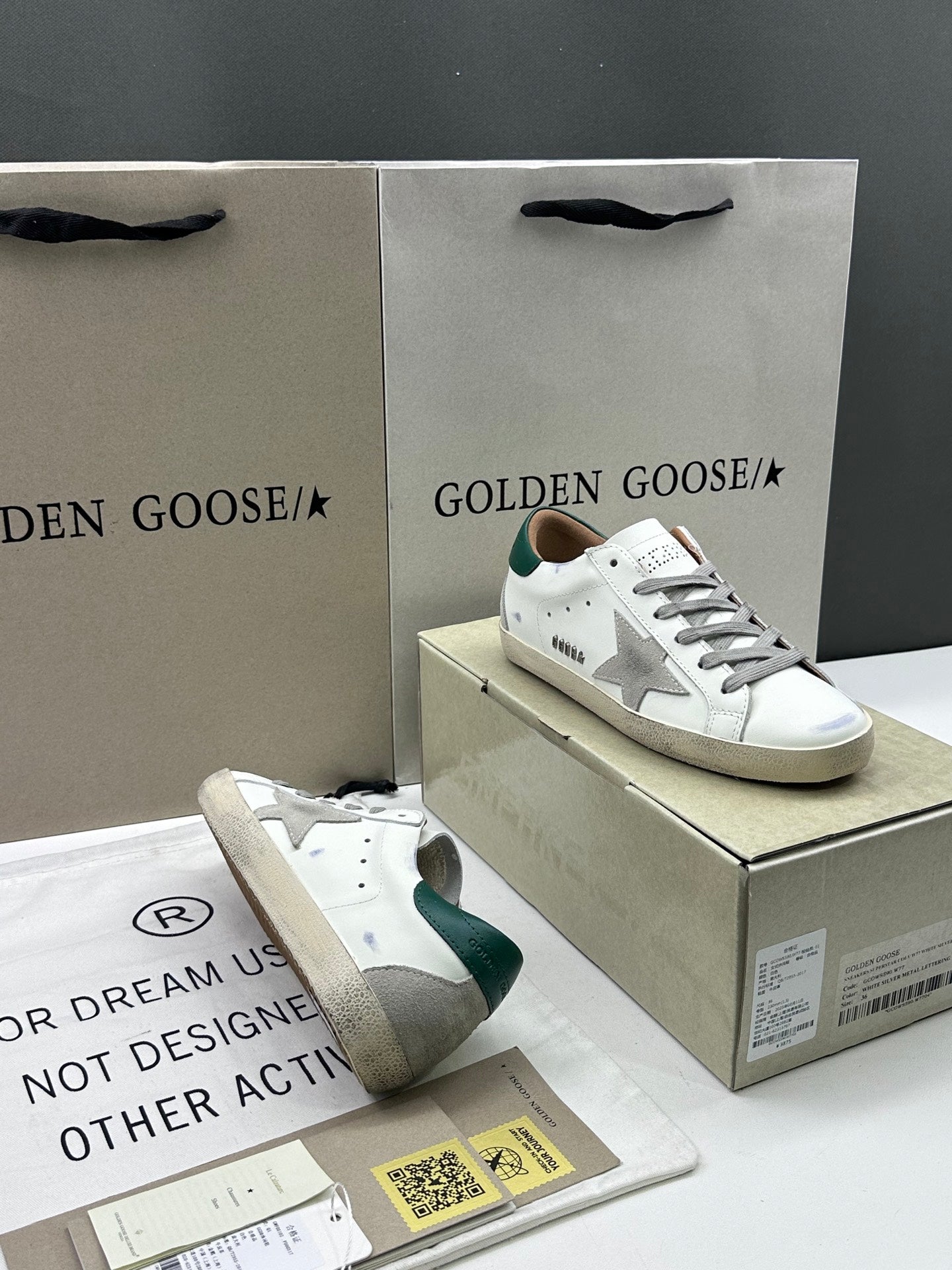 Golden Goose Super-Star 'Grey Suede Star/Green Leather Heel Tab'