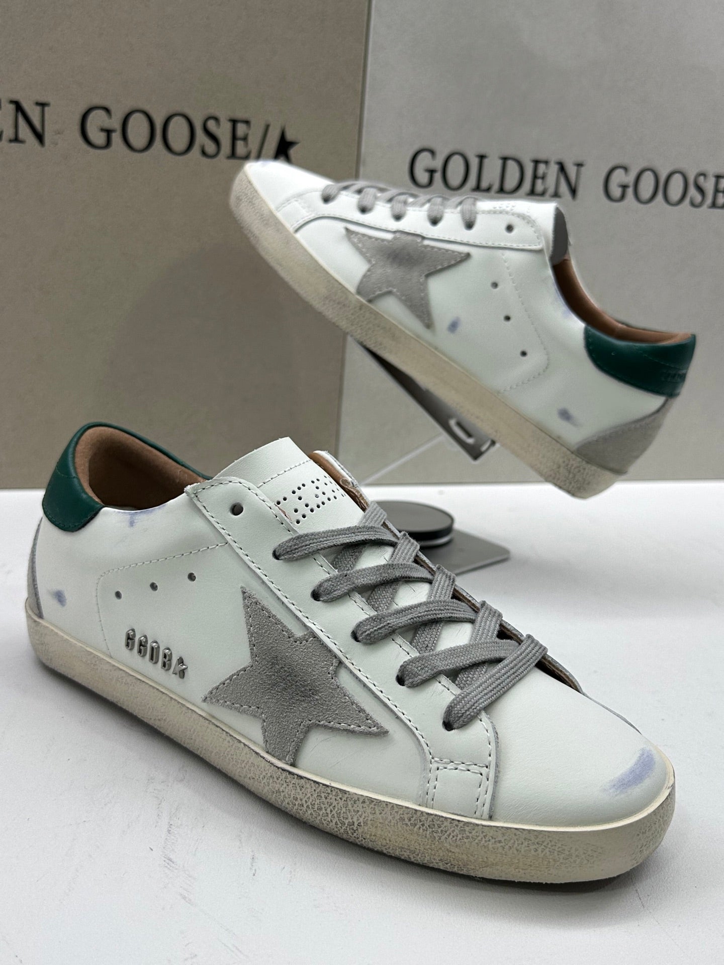 Golden Goose Super-Star 'Grey Suede Star/Green Leather Heel Tab'