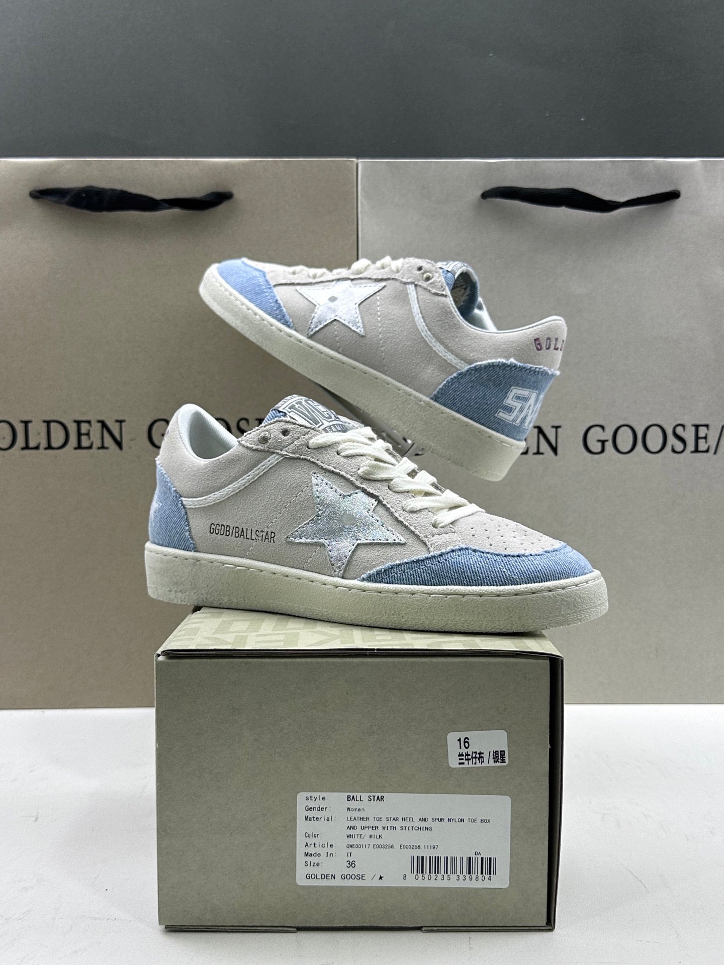 Golden Goose Ball-Star 'Light Grey Suede with Denim Blue and Metallic Silver Star'