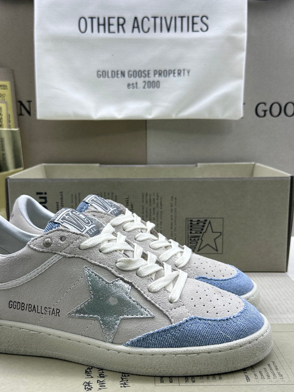 Golden Goose Ball-Star 'Light Grey Suede with Denim Blue and Metallic Silver Star'