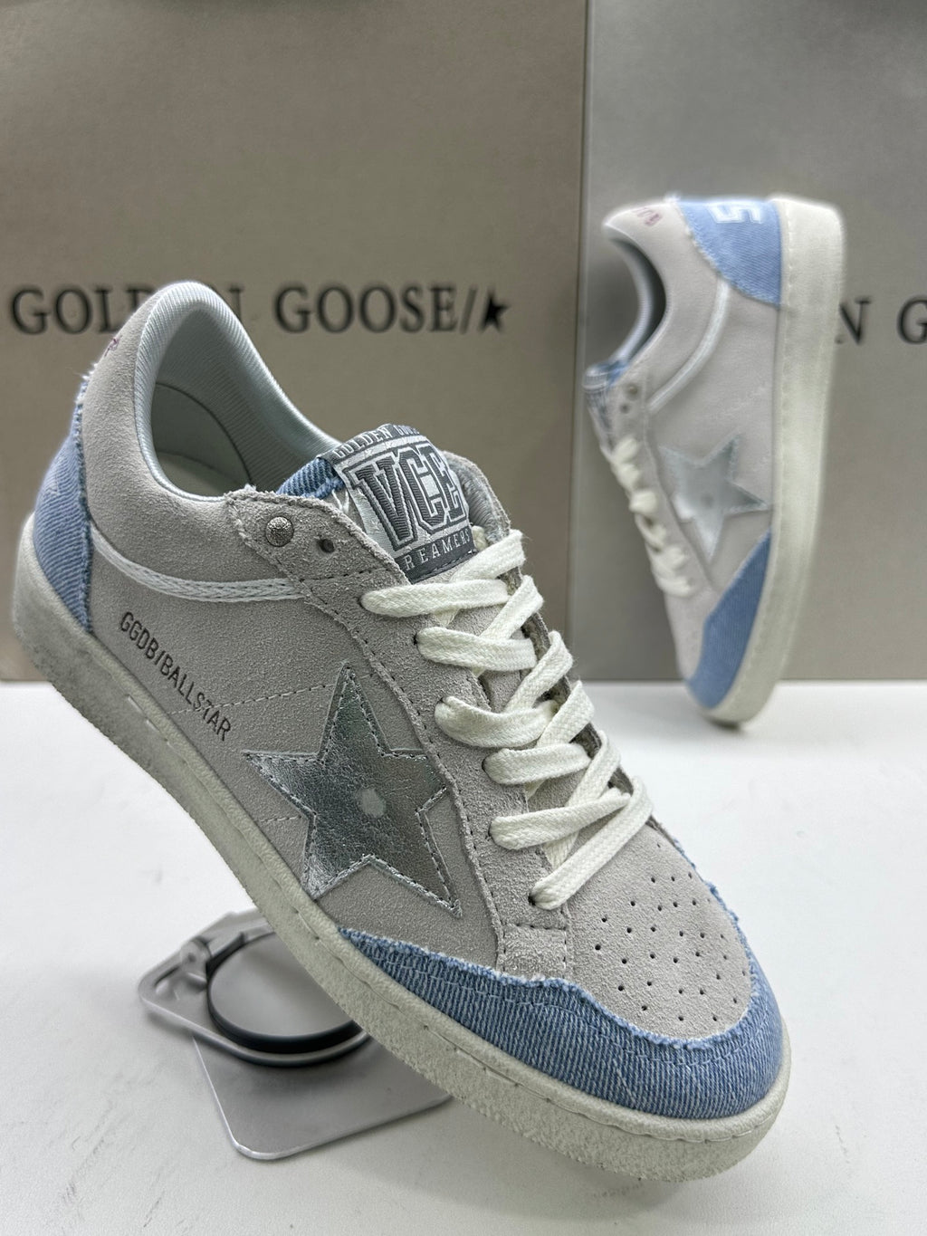 Golden Goose Ball-Star 'Light Grey Suede with Denim Blue and Metallic Silver Star'