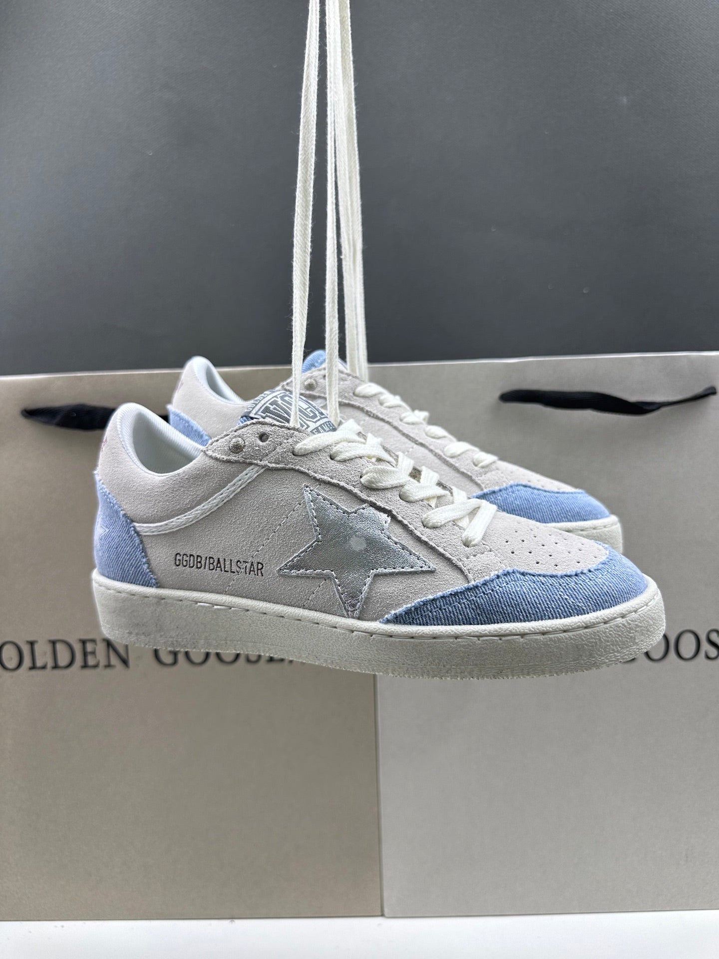 Golden Goose Ball-Star 'Light Grey Suede with Denim Blue and Metallic Silver Star'