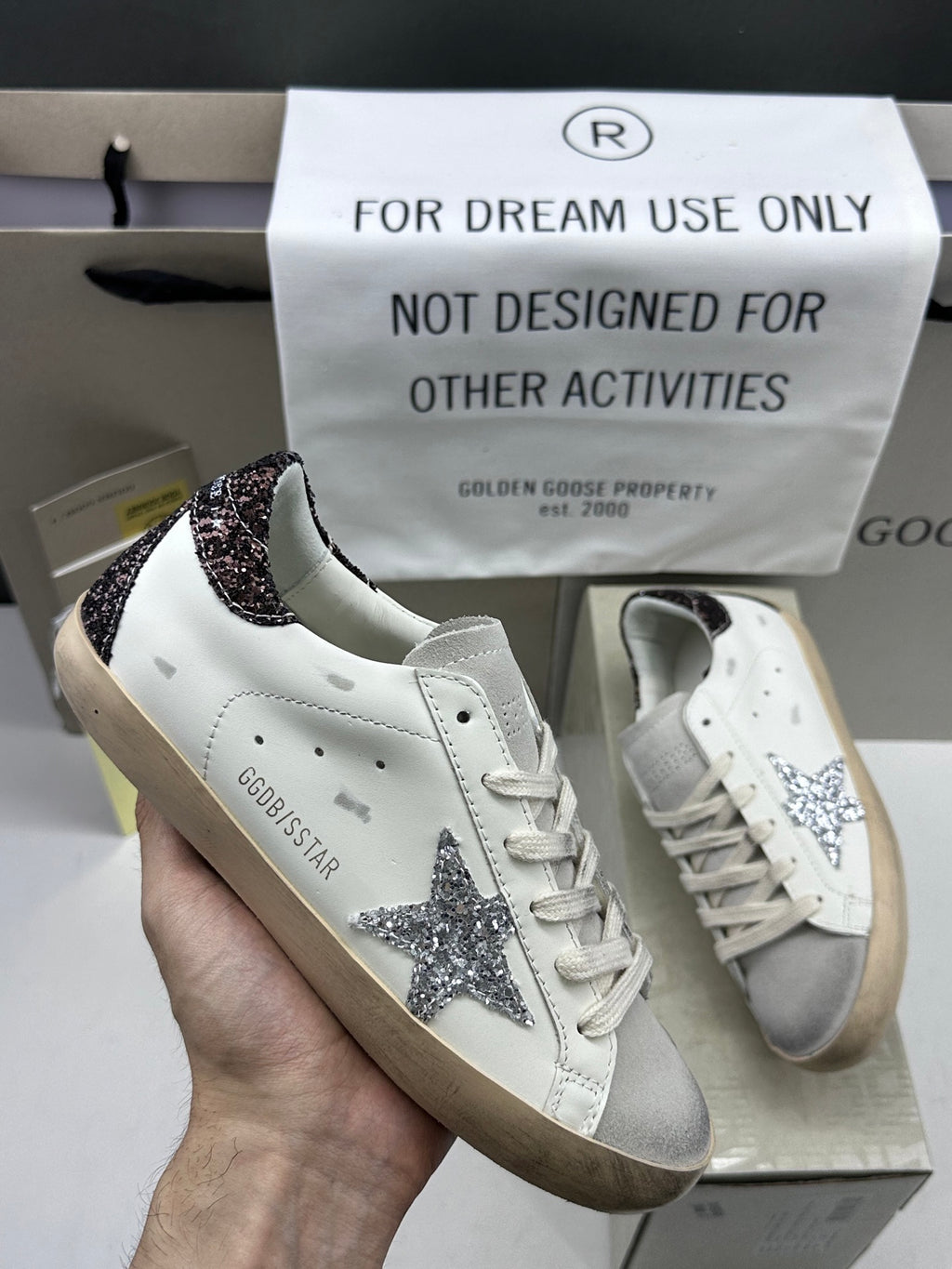 Golden Goose Super-Star 'Silver Glitter Star/Brown Glitter Heel Tab'