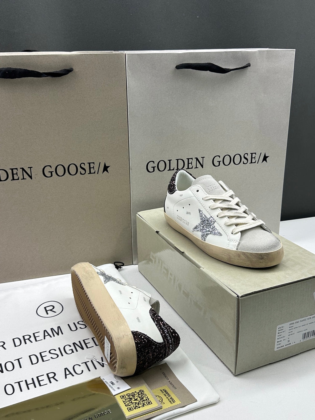 Golden Goose Super-Star 'Silver Glitter Star/Brown Glitter Heel Tab'