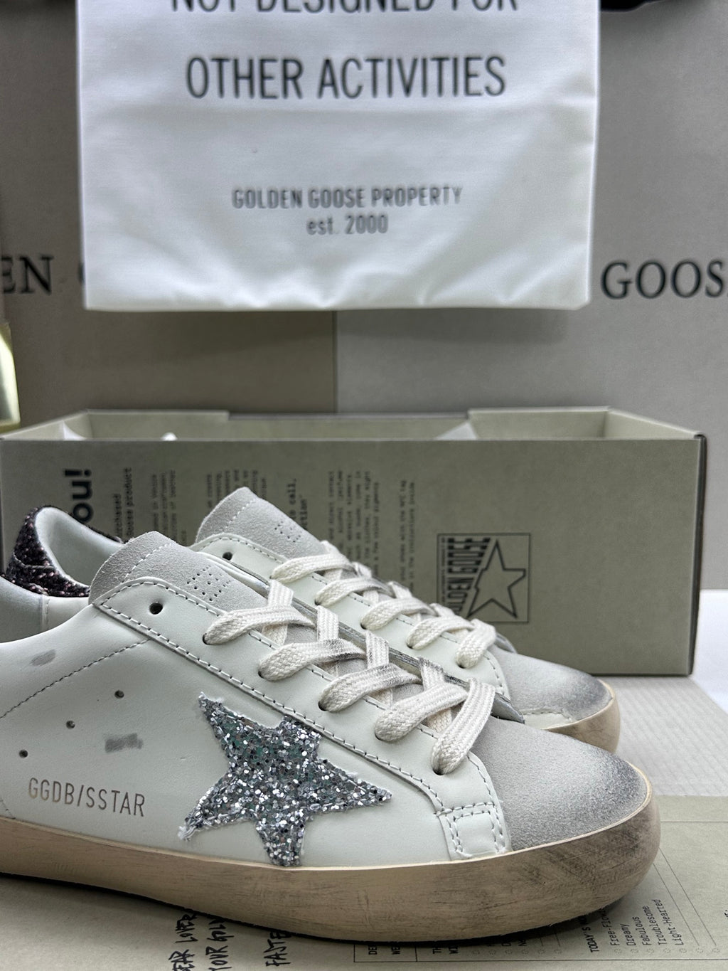 Golden Goose Super-Star 'Silver Glitter Star/Brown Glitter Heel Tab'