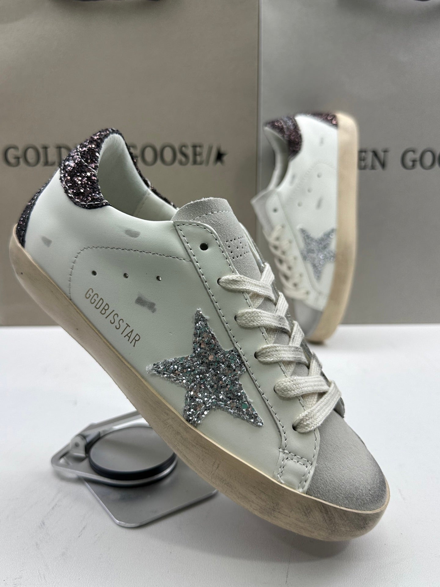 Golden Goose Super-Star 'Silver Glitter Star/Brown Glitter Heel Tab'