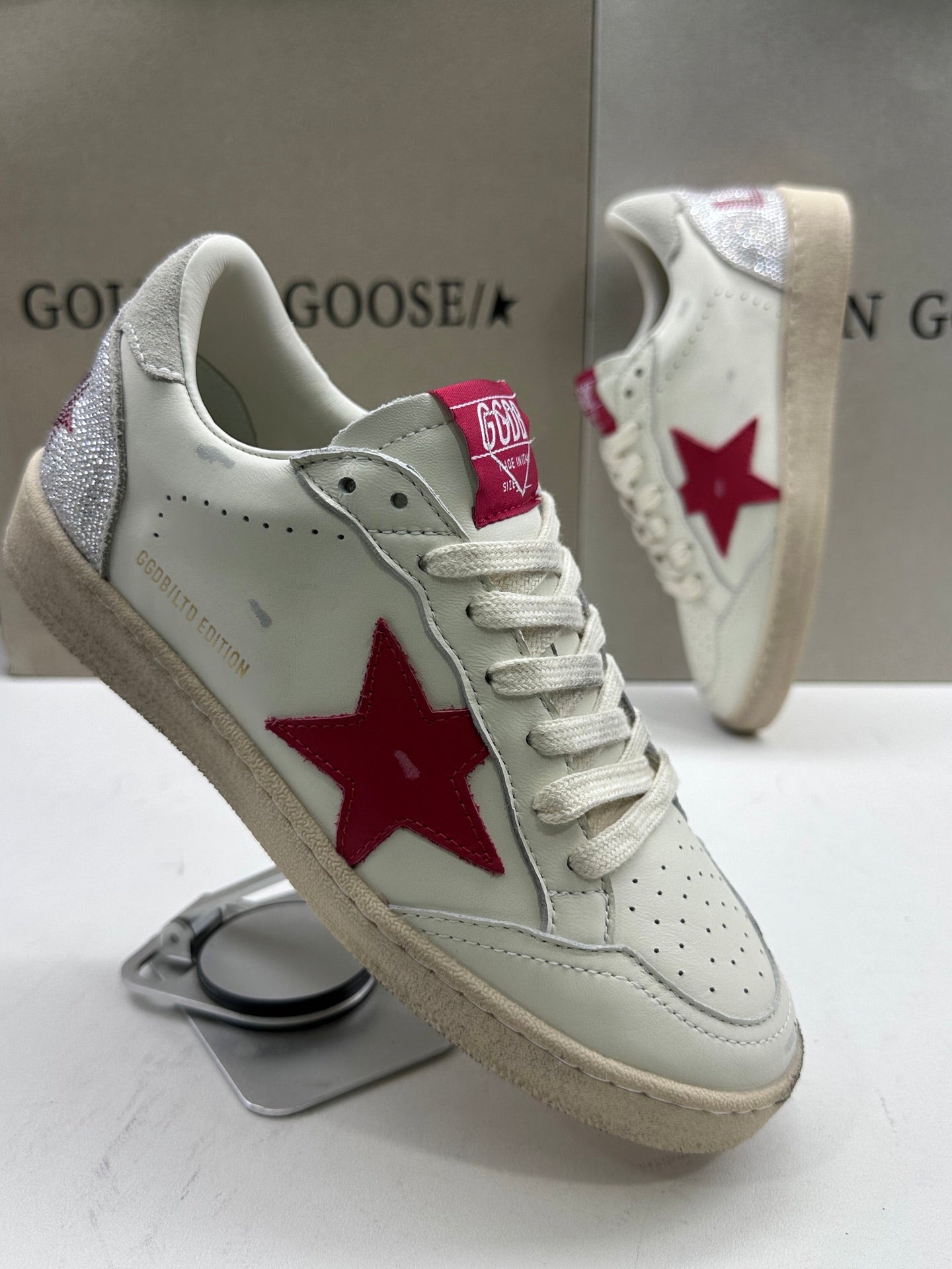 Golden Goose Ball-Star 'Valentines Day Red Leather Star/Grey Suede Heel Tab'