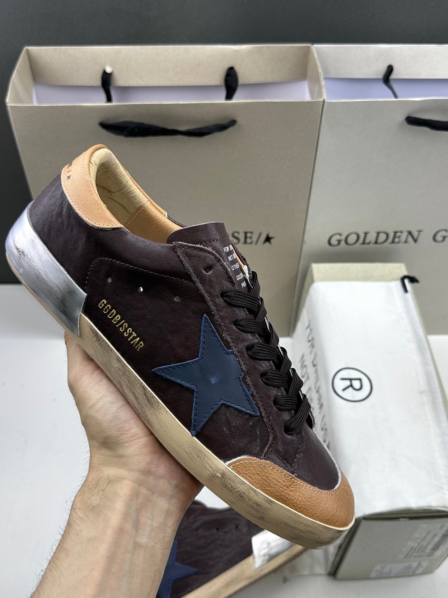 Golden Goose Super-Star 'Dark Blue Leather Star/Beige Heel Tab'