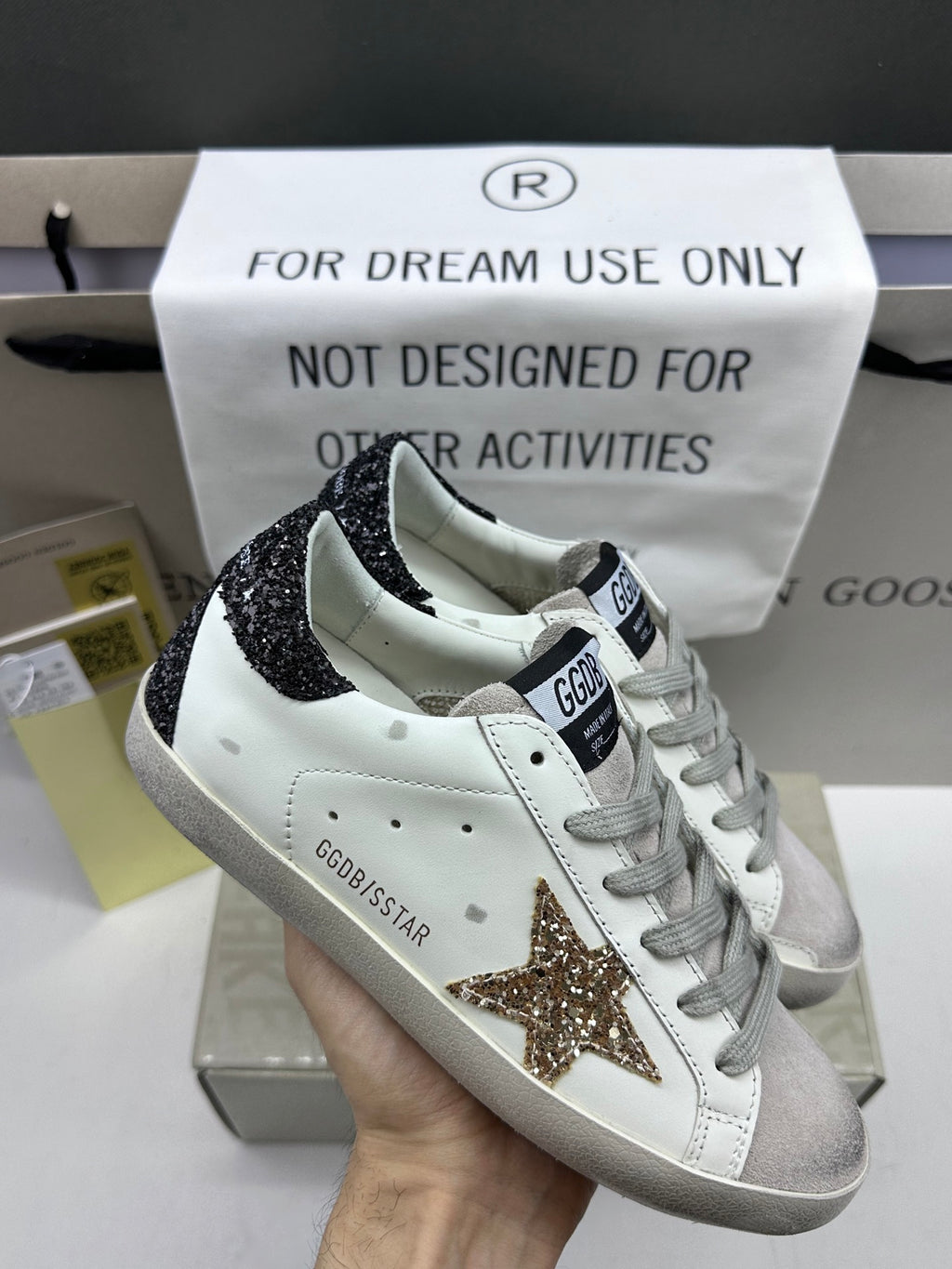 Golden Goose Super-Star 'Gold Glitter Star/Black Glitter Heel Tab'